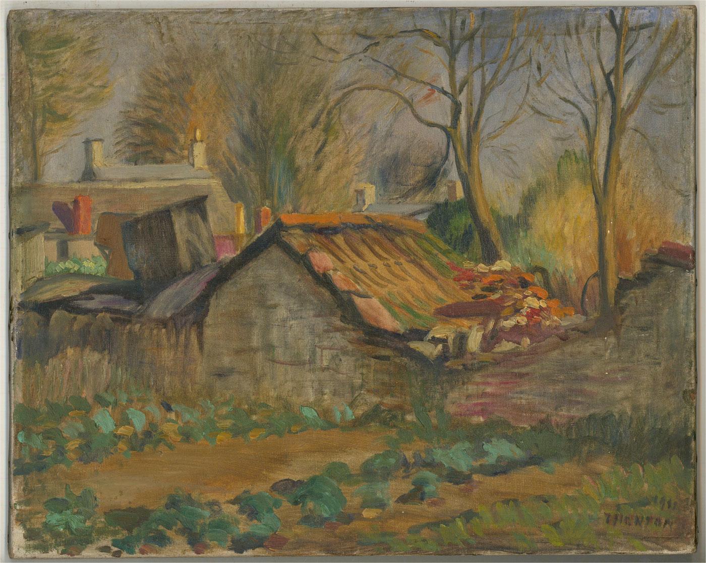 A colorful, autumnal oil showing the back of a dilapidated pigsty outhouse with tumbled down wall and missing roof tiles, in the town of Painswick in Gloucestershire. Bright Autumn sunshine shines on the scene and the branches of bare trees stand