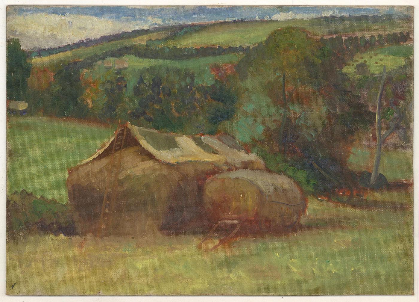 Ein reizvolles Ölgemälde des bekannten Alfred Thornton, das eine ländliche Landschaft mit einem Heuwagen und Bäumen im Hintergrund zeigt. Nicht signiert. Auf Leinwandkarton.