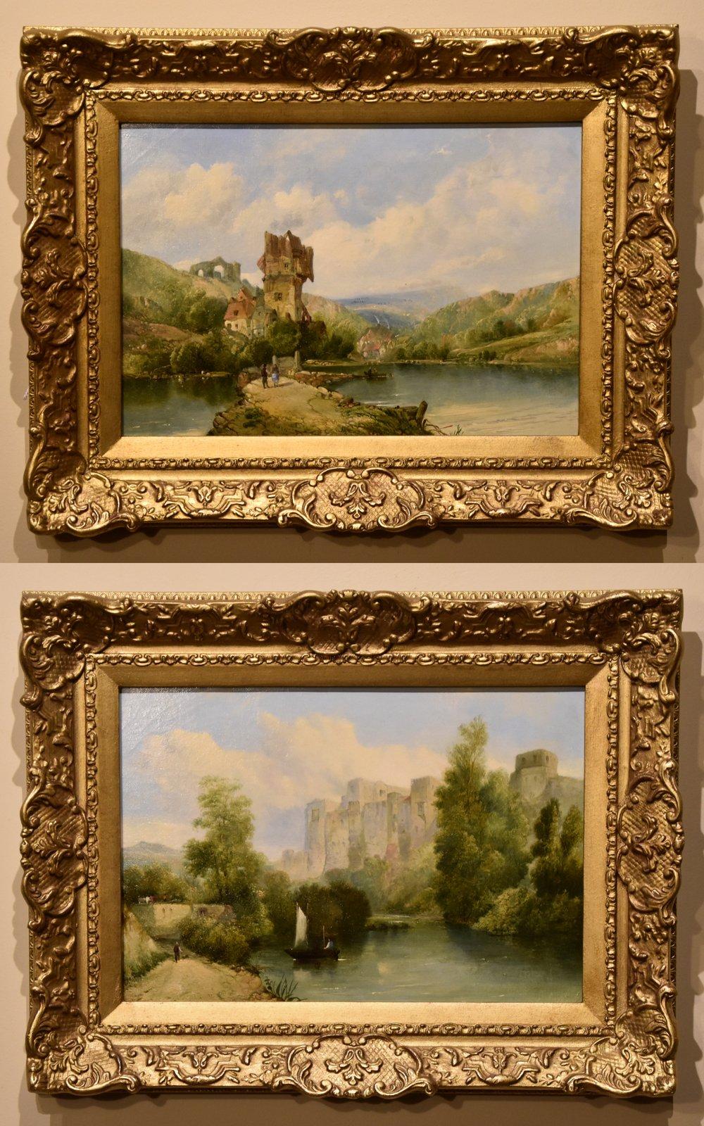"Continental River Views" Pair by Alfred Henry Vickers 1836-1919. He was a popular painter of rustic landscapes and continental river scenes. The grandson of Alfred Vickers senior. Both oil on canvas. One signed.

Dimensions unframed:
height 9" x