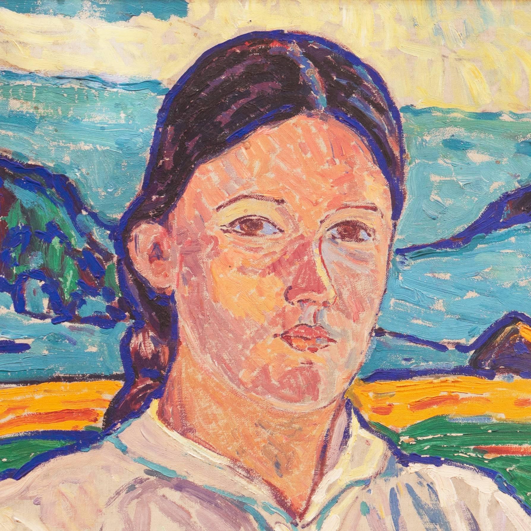 'Study of a Young Woman', Karlsruhe, Berlin, Danish Post-Impressionist, Benezit - Beige Figurative Painting by Alfred Hermann Helberger