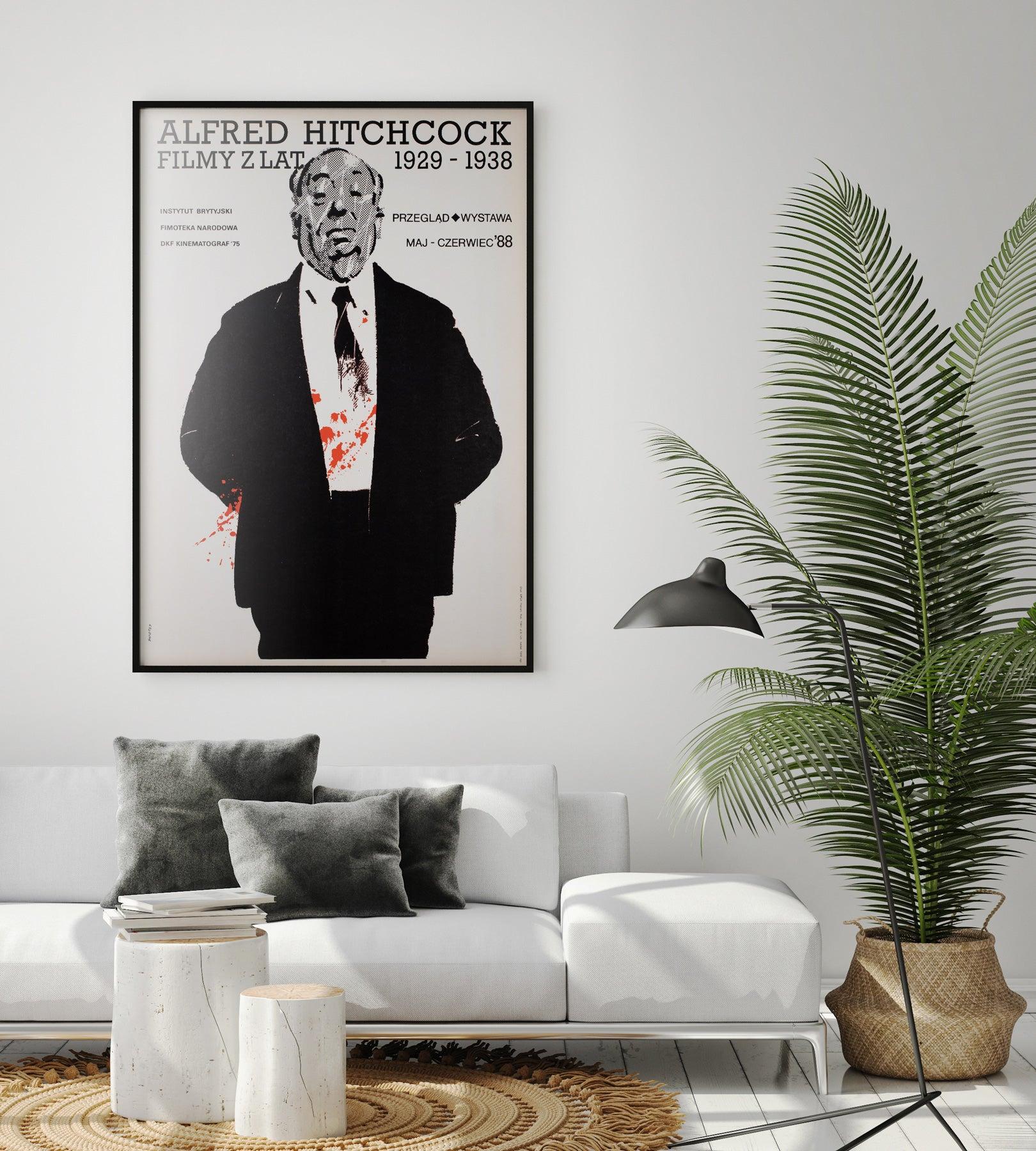 Affiche polonaise commandée pour le Festival du film Alfred Hitchcock 1929-1938 (1988) par Swierzy Waldemar. Fantastique interprétation de l'homme principal Hitchcock lui-même... probablement, étant donné les éclaboussures de sang, tout juste sorti