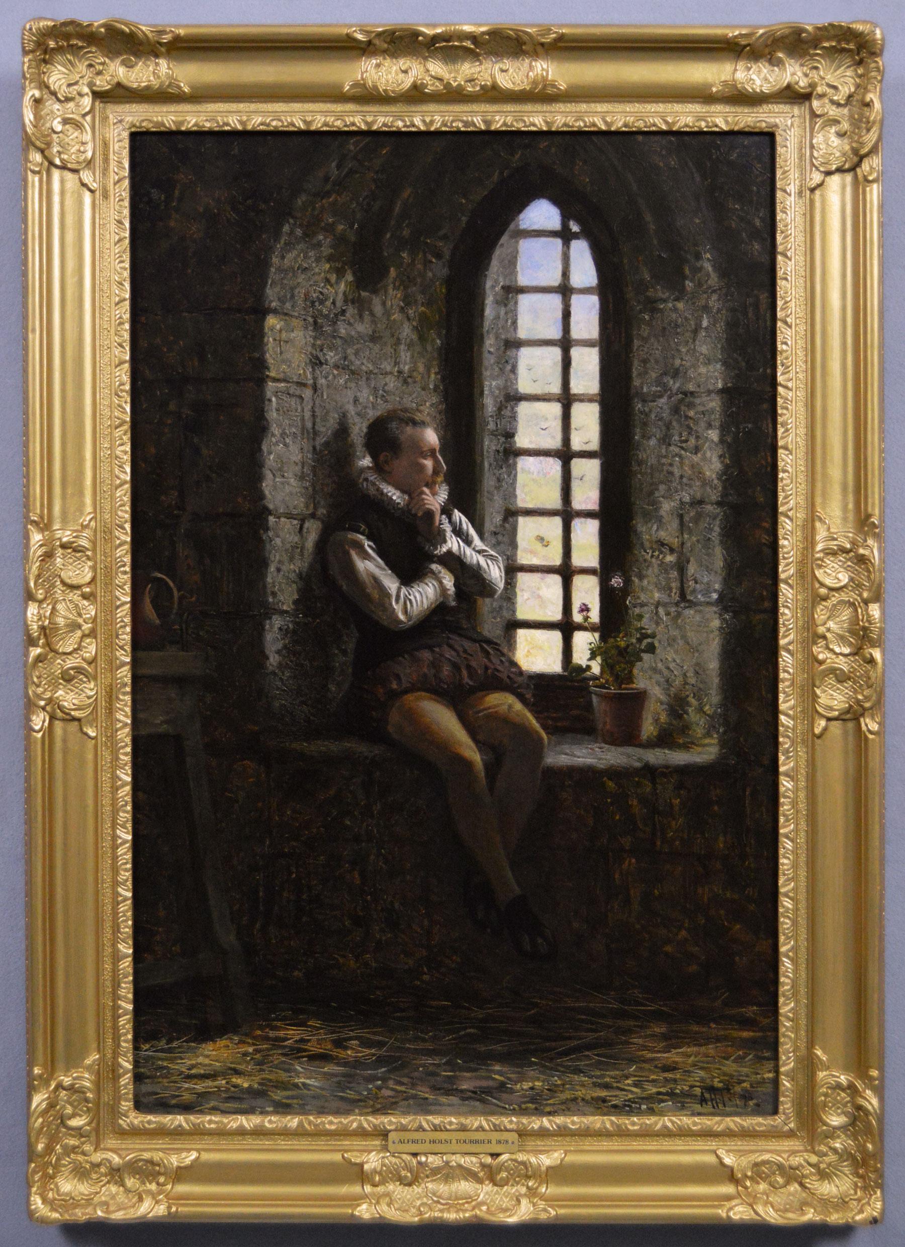 Alfred Holst Tourrier Figurative Painting – 19th Century historical genre oil painting of a man sat by a window