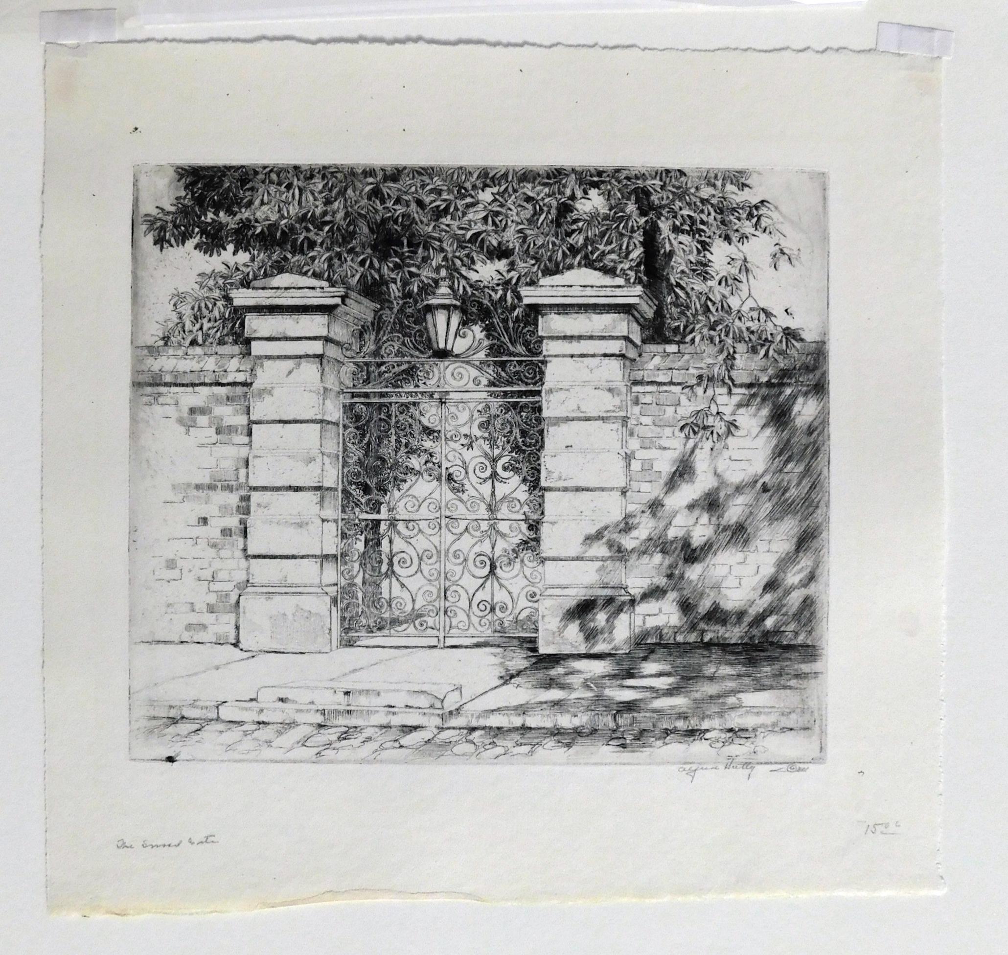 Original etching of a scene from Charleston, South Carolina by New York/Charleston artist Alfred Heber Hutty (1877-1954).
Signed in pencil lower right “Alfred Hutty,” includes the snail cipher. Titled “The Sword Gate” lower left margin.
Image