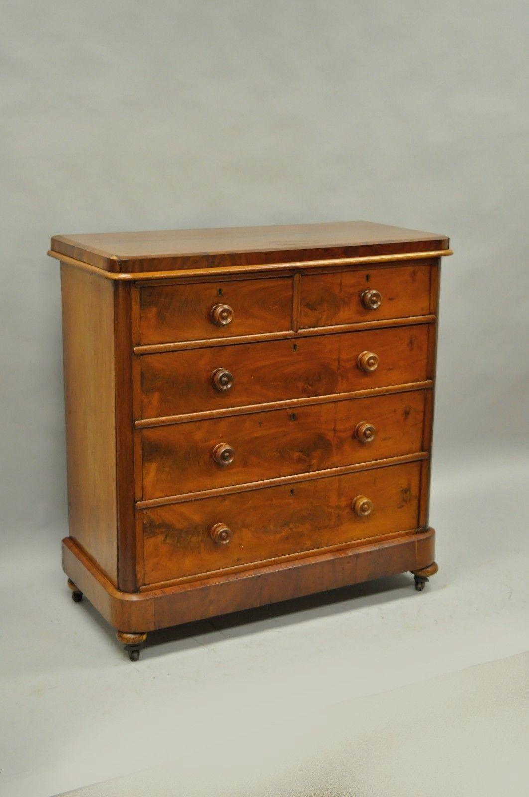 Alfred J Emery antique five-drawer chest. Believed to walnut wood veneer and mahogany. Item features stamped to rear 