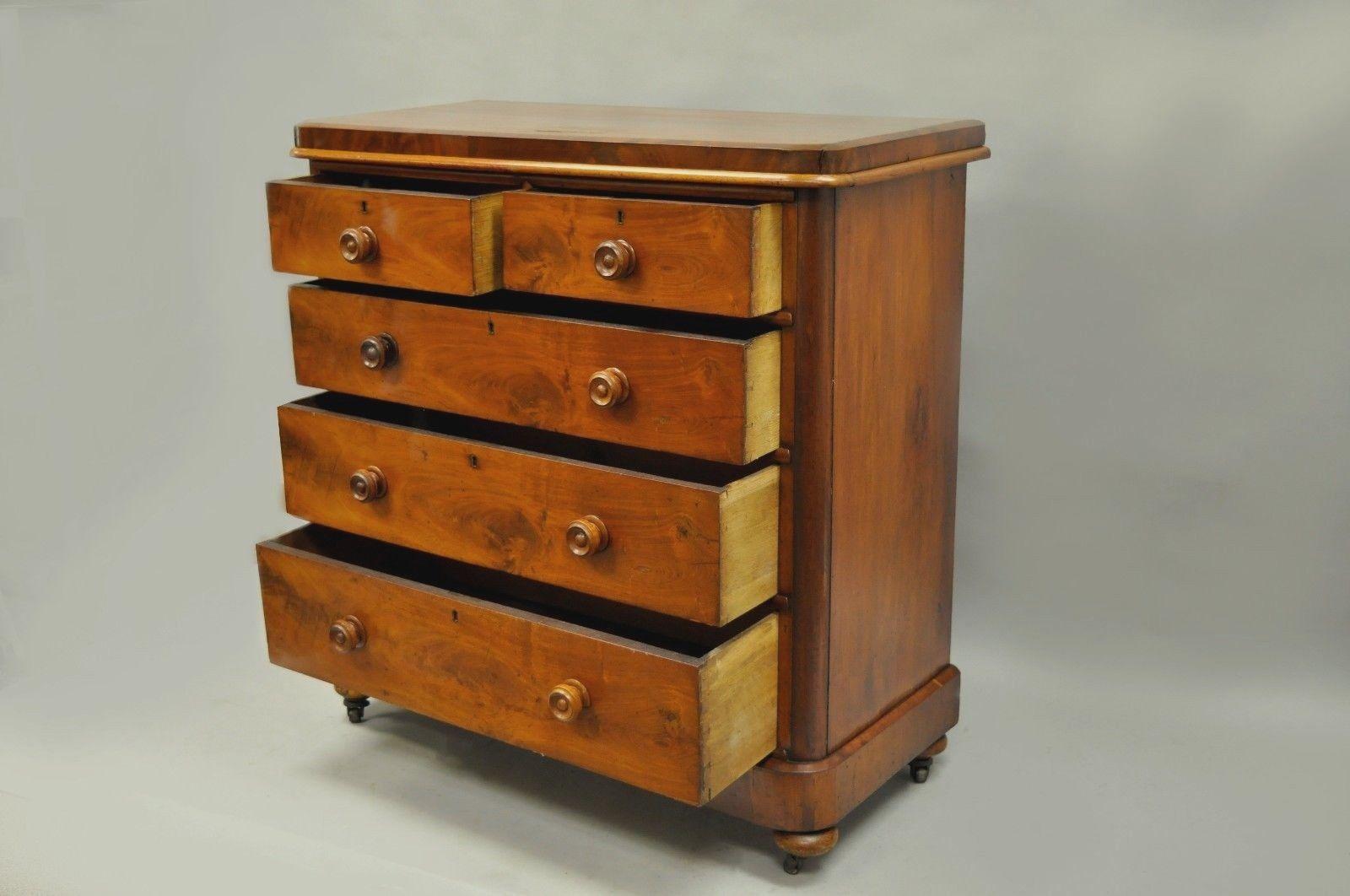 Victorian Alfred J Emery Five-Drawer English Walnut Veneer Chest Dresser Commode