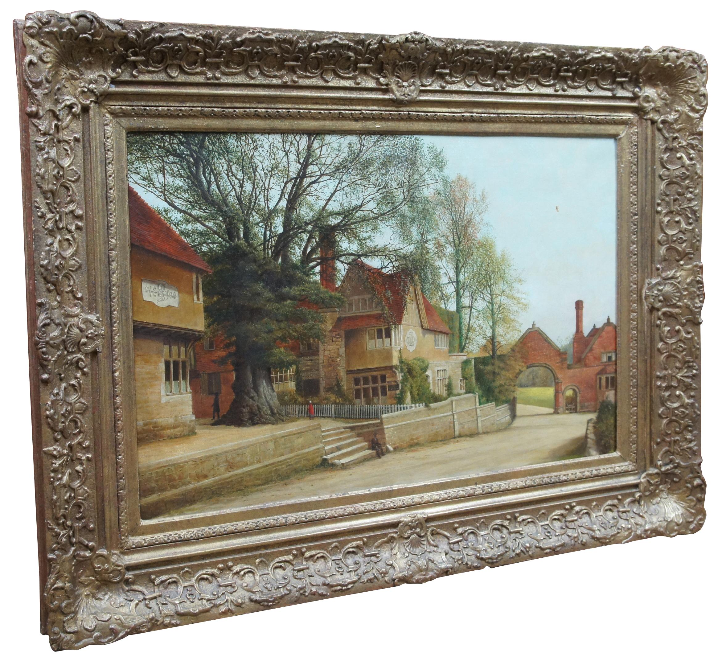 Alfred J Robertson Antique Oil Landscape Painting Village Scene Cityscape In Good Condition For Sale In Dayton, OH