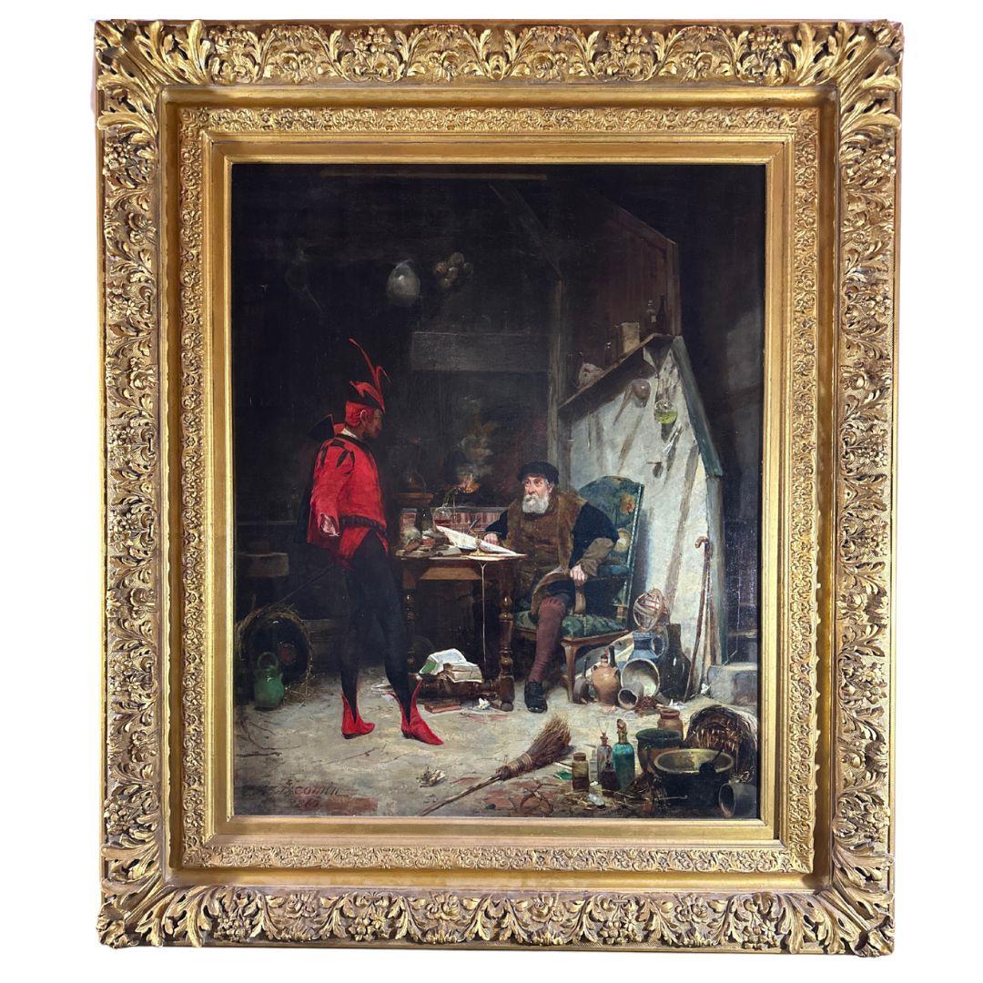 "Mephistopheles and the Faust" Mid 19th c, Antique Oil Painting on Wood Panel