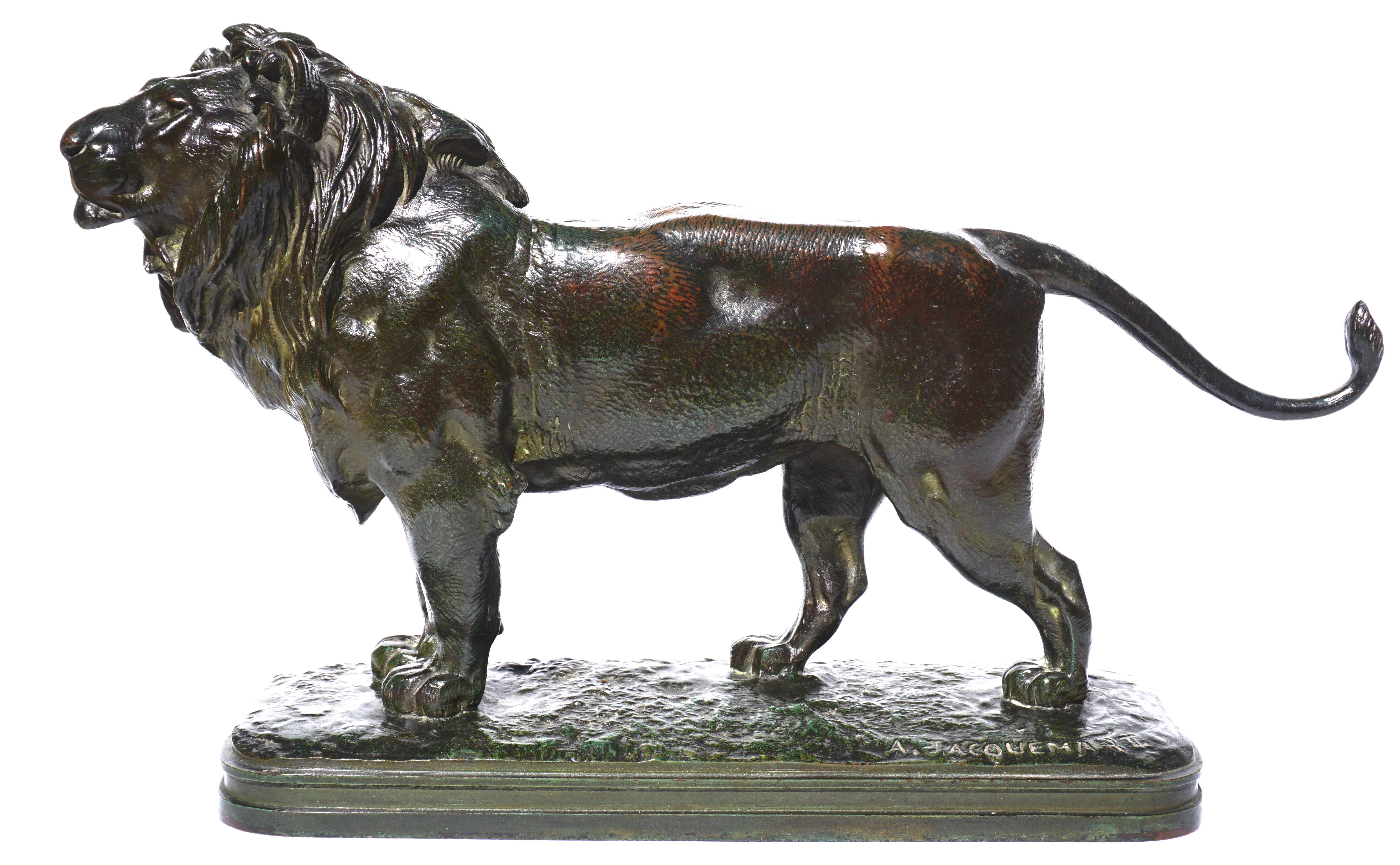 Alfred Jacquemart (1824-1896)

An inportant and rare magnificent early sculpture of a standing lion in exemplary detail by Jacquemart Circa 1845. The male lion is posed looking ahead as many of Jacquemart’s sculpture look over many cities in