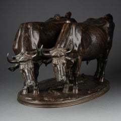 Alfred Jacquemart : "Harnessed oxen", F.Barbedienne cast bronze sculpture, XIX c