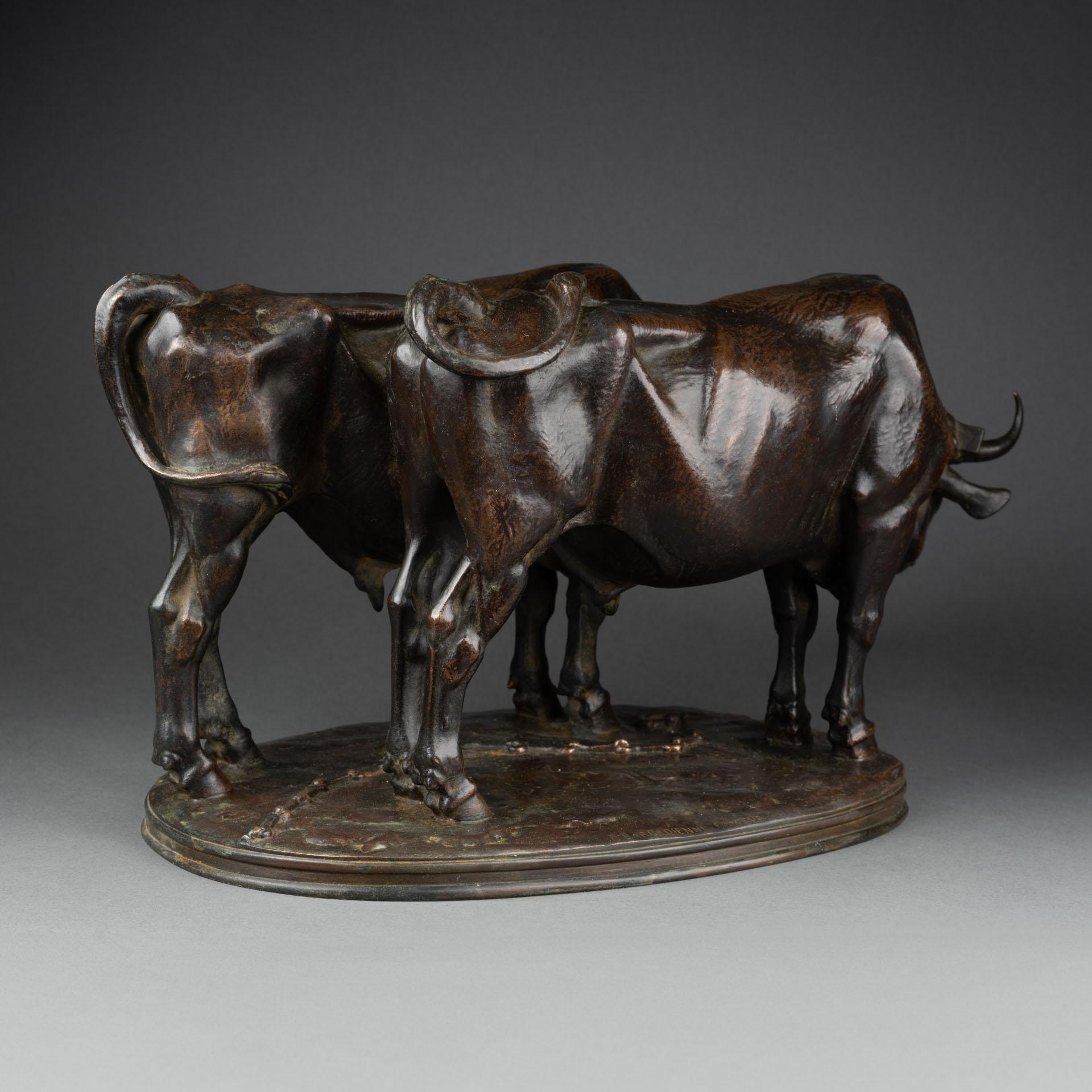 Patiné Alfred Jacquemart : « Harnessed oxen », sculpture en bronze coulé de F.Barbedienne, XIXe siècle en vente