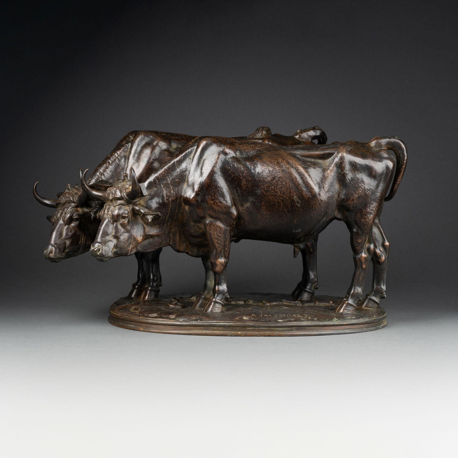 Alfred Jacquemart: „Harnessed oxen“, F.Barbedienne-Bronzeskulptur aus Bronzeskulptur, XIX. Jahrhundert im Zustand „Gut“ im Angebot in SAINT-OUEN-SUR-SEINE, FR