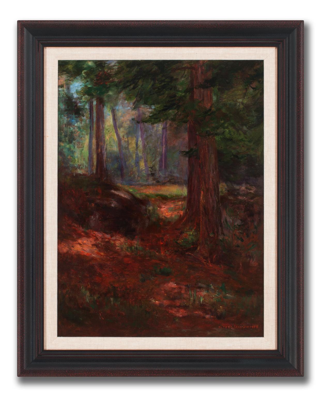 Alfred Jansson Pintura al óleo sobre lienzo firmada y enmarcada, Camino del bosque iluminado por el sol en venta 1