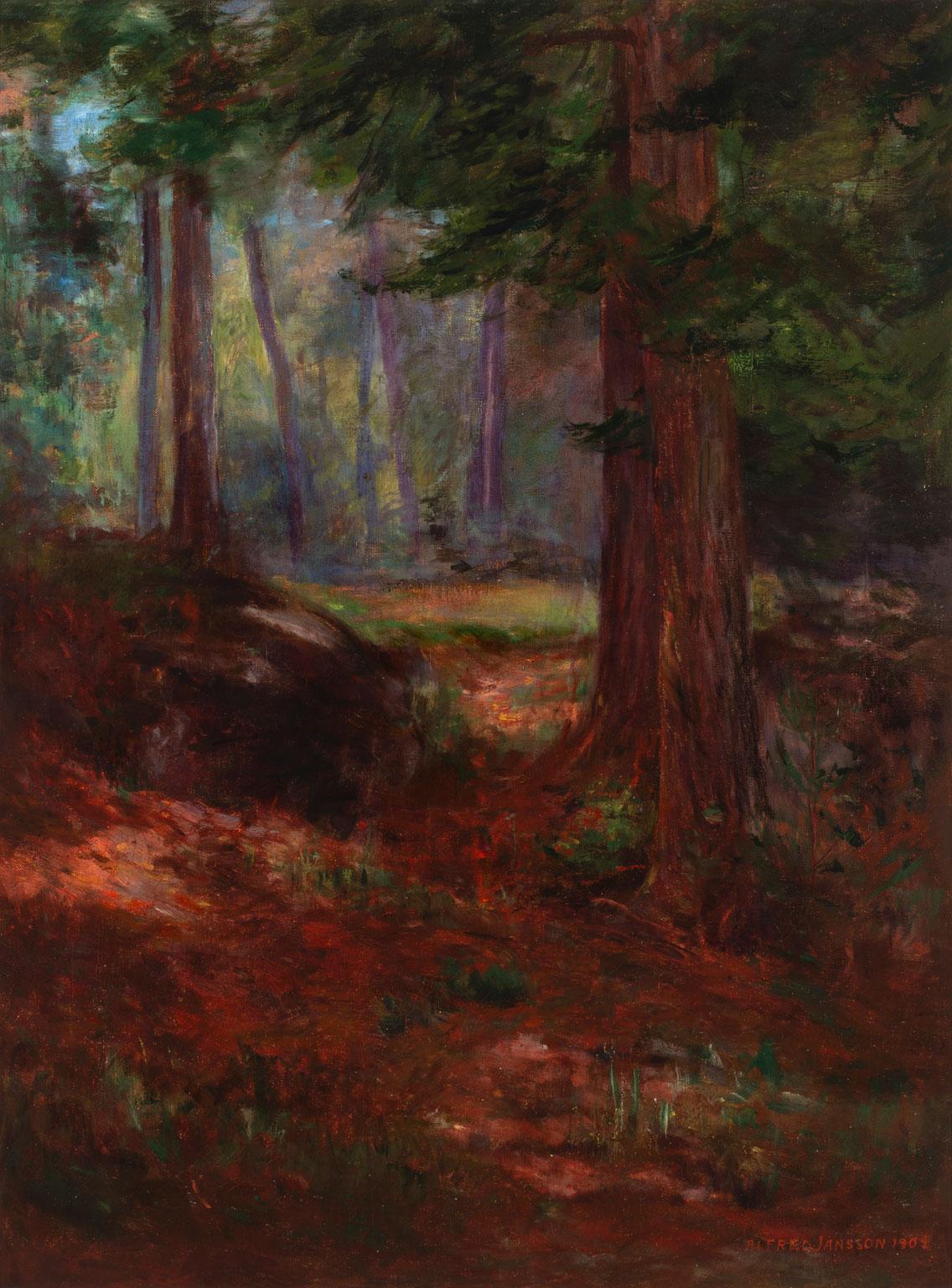 Alfred Jansson Pintura al óleo sobre lienzo firmada y enmarcada, Camino del bosque iluminado por el sol en venta 2