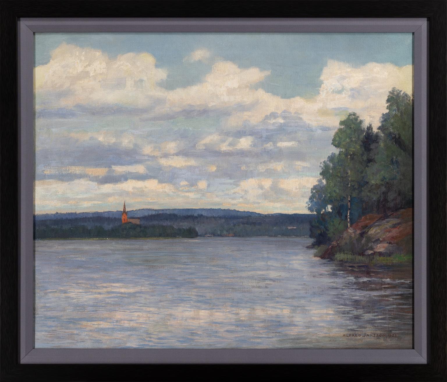ALFRED JANSSON (1863-1931) - OHNE TITEL [SEENLANDSCHAFT]
Öl auf Leinwand ⚜ Signiert ⚜ Datiert ⚜ Gerahmt

EINE RUHIGE SEENLANDSCHAFT IM MITTLEREN WESTEN MIT STIMMUNGSVOLLER TIEFE
Dieses Original-Ölgemälde des schwedisch-amerikanischen Impressionisten