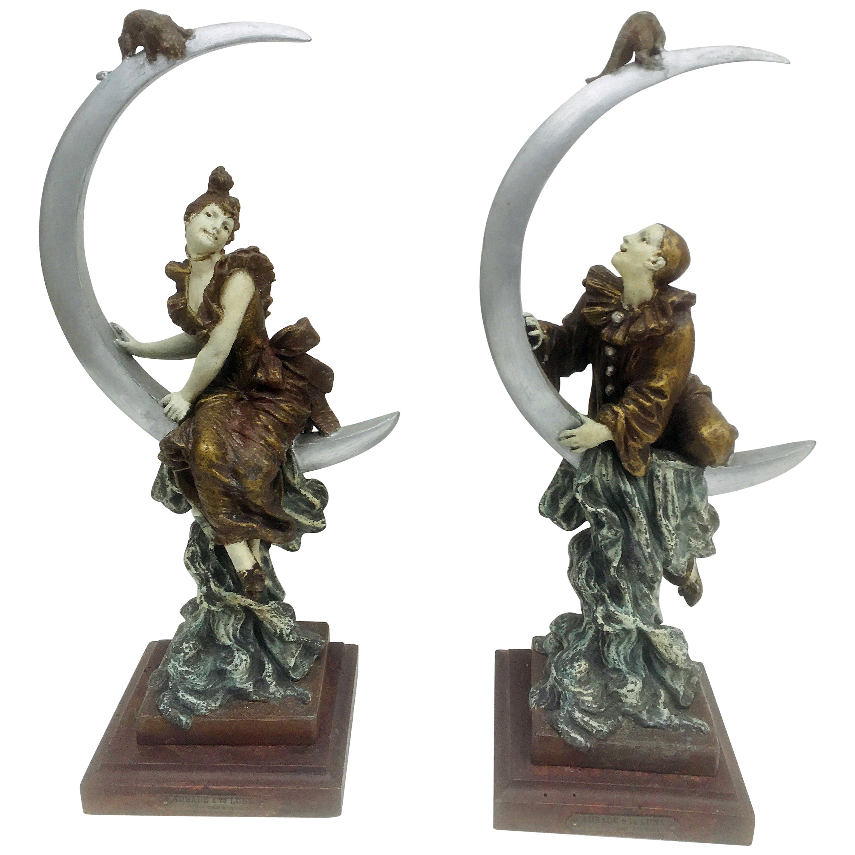 Alfred-Jean Foretay "Aubade à La Lune" Two Art Nouveau Sculptures