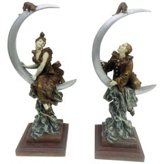 Alfred-Jean Foretay "Aubade à La Lune" Two Art Nouveau Sculptures