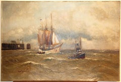 Maritime Oil Painting 19th century, by Prof. Alfred Jensen. Ship and Boat at Sea