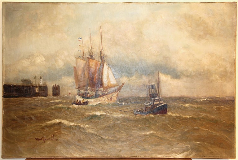 Maritime Oil Painting 19th century, by Prof. Alfred Jensen. Ship and Boat at Sea - Beige Landscape Painting by Alfred Jensen (b.1859)