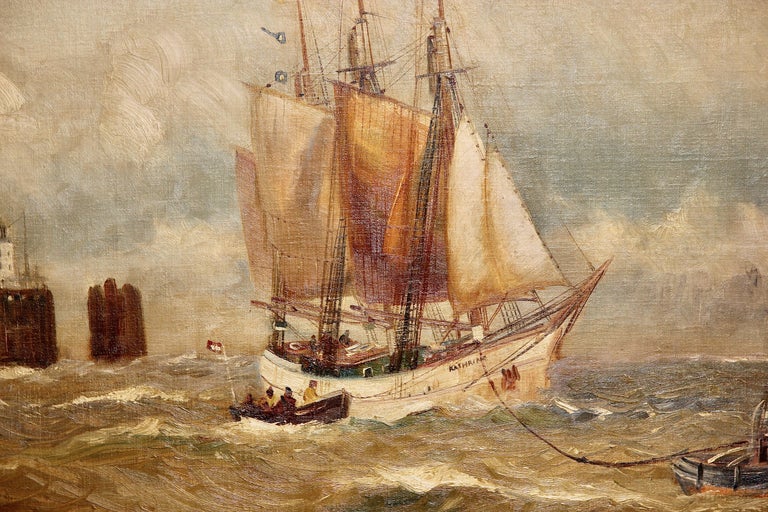 Maritime oil painting 19th century, by Prof. Alfred Jensen. Ship and boat at sea.

Around 1900. Signed lower left.
Unframed
Age-related condition.

Alfred Jensen was already at sea at the age of 14 and went on study trips to countries such as