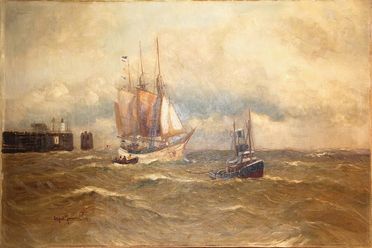 Alfred Jensen (b.1859) Landscape Painting - Maritime Oil Painting 19th century, by Prof. Alfred Jensen. Ship and Boat at Sea