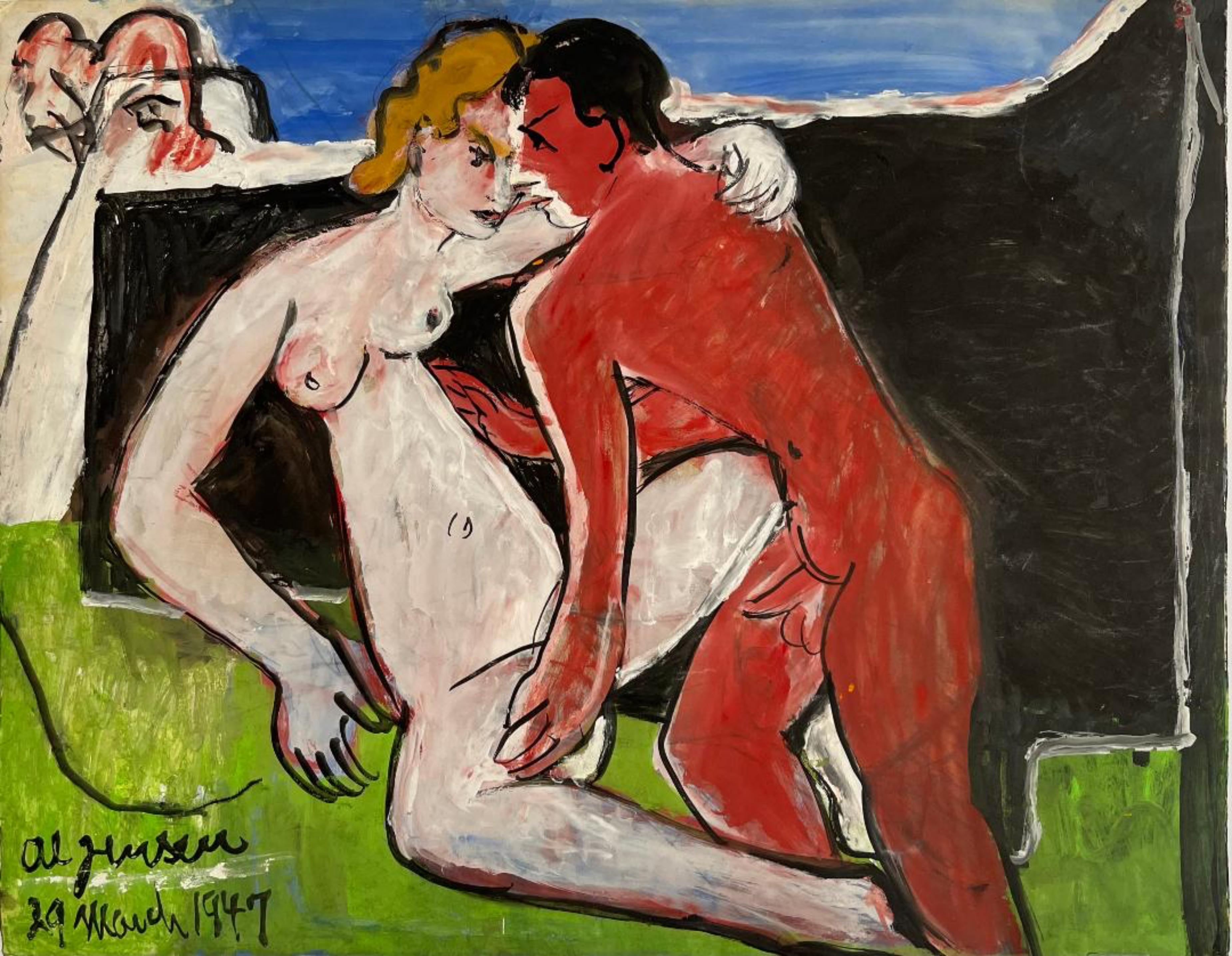 Early Signed, two sided figurative painting with portraits by renowned painter - Painting by Alfred Jensen