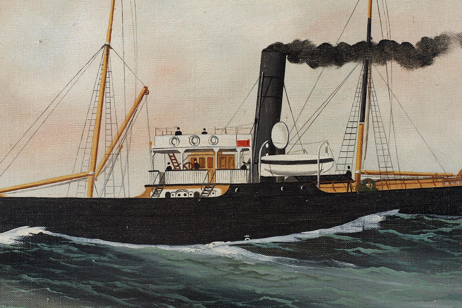 Glorious steamship painting by Alfred Jensen (German 1859-1935) depicting the Willy Alexander at sea flying the Belgium flag. The steamship was commissioned in 1879 and lost to gunfire in 1916. Exquisite detail signed lower right and dated 1909 with