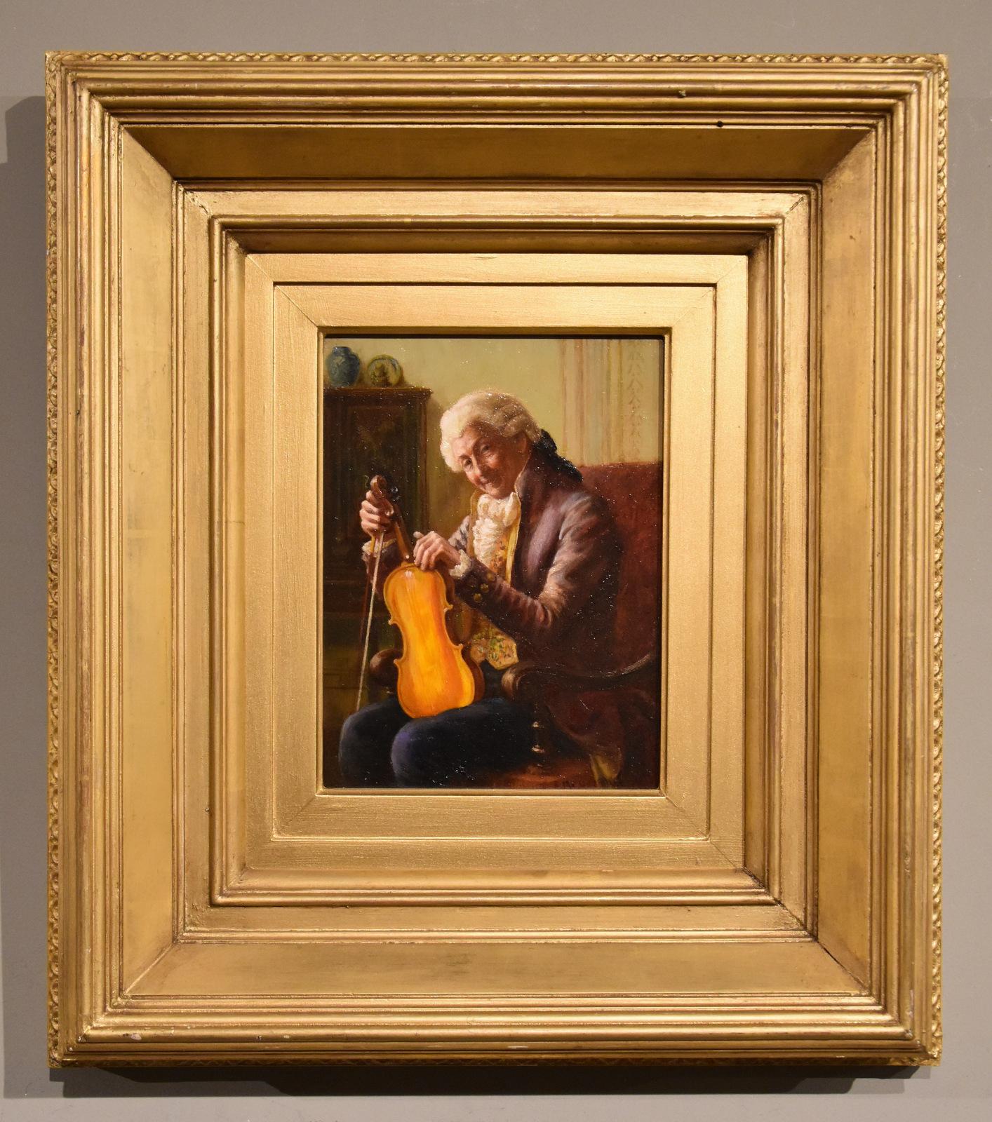 Oil Painting by Alfred John Bouchette "The Violinist" 1844 - 1893 A London painter of figurative subjects and portrait. He exhibited at the Royal society British artists in London and in Manchester and Birmingham signed. Oil on panel. Signed