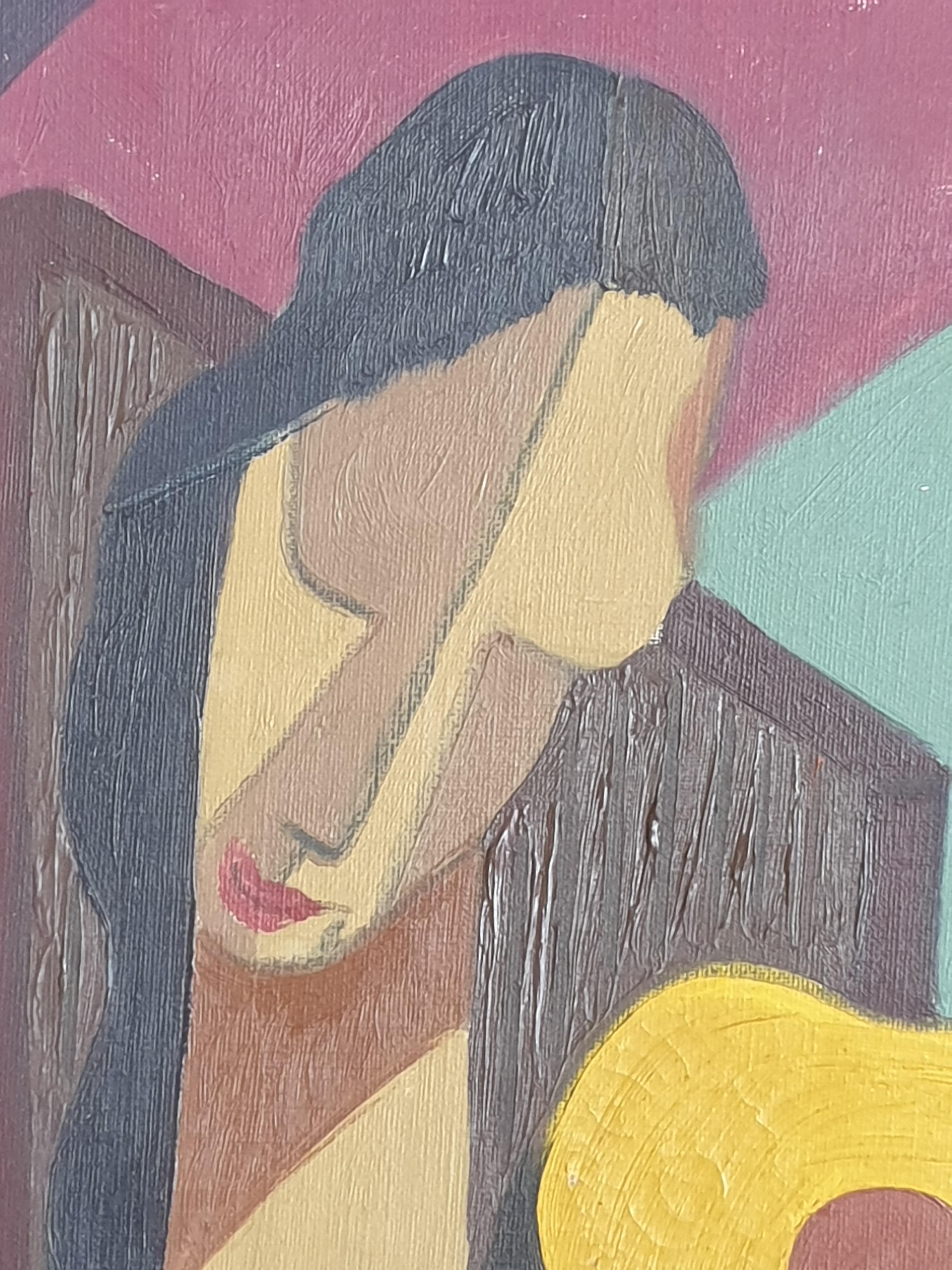 Signora con mandolino. Olio su tela modernista firmato Rogoway 11