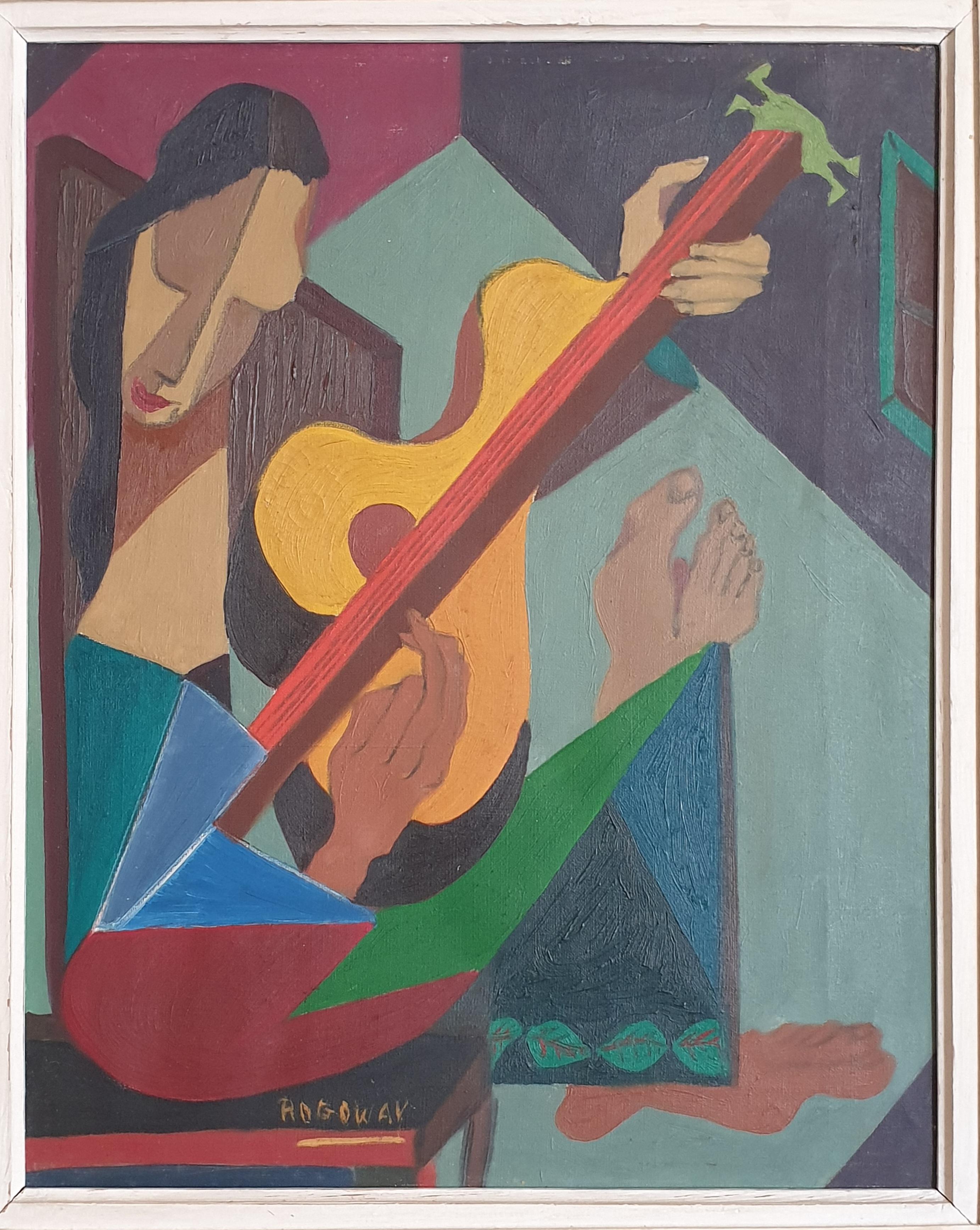 Signora con mandolino. Olio su tela modernista firmato Rogoway - Painting Moderno di Alfred John Rogoway
