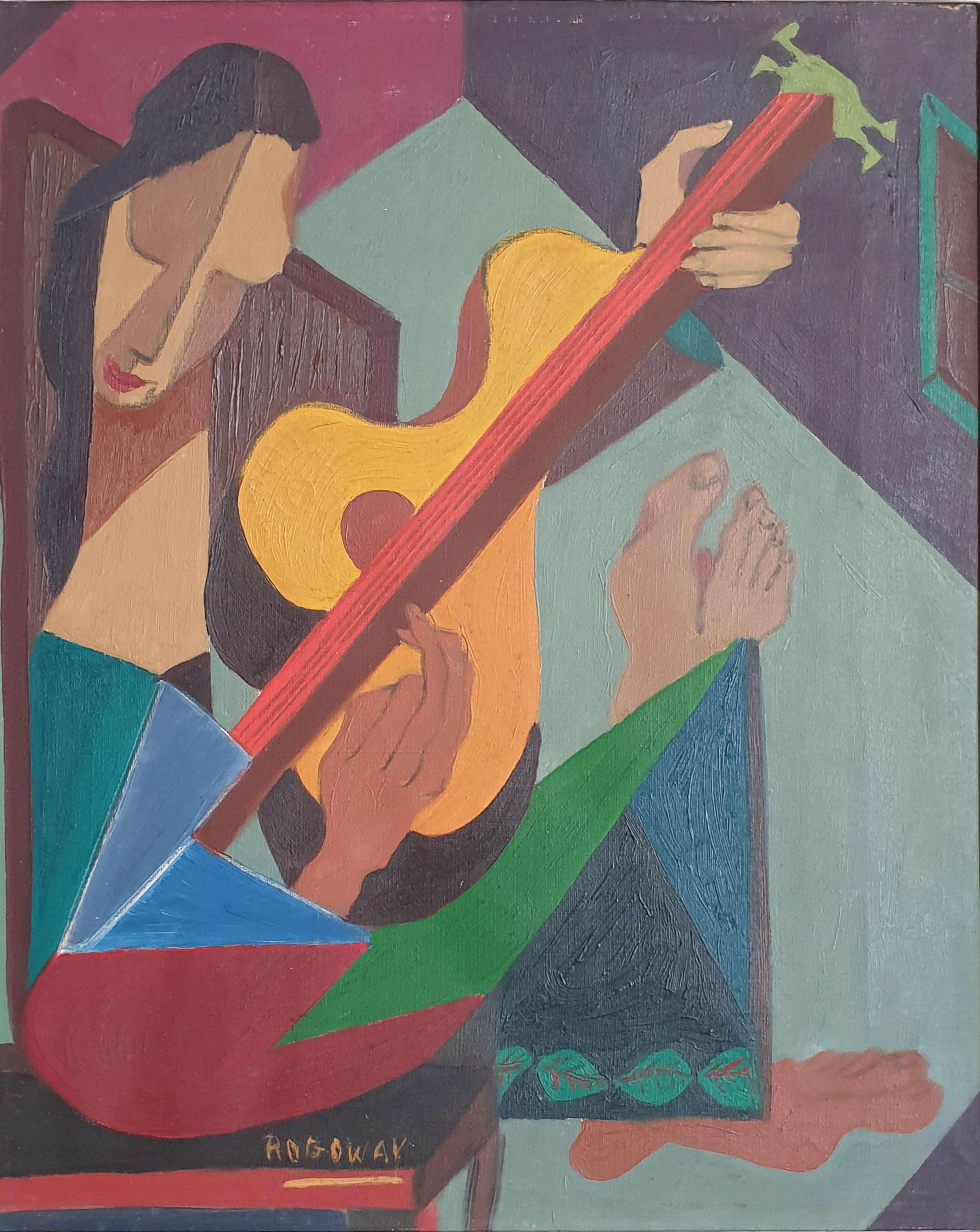 Olio modernista su tela di una donna con mandolino, firmato Rogoway in basso al centro a sinistra e presentato in una cornice d'epoca di metà secolo.

Una bella rappresentazione di una donna seduta che suona uno strumento a corde. L'immagine è