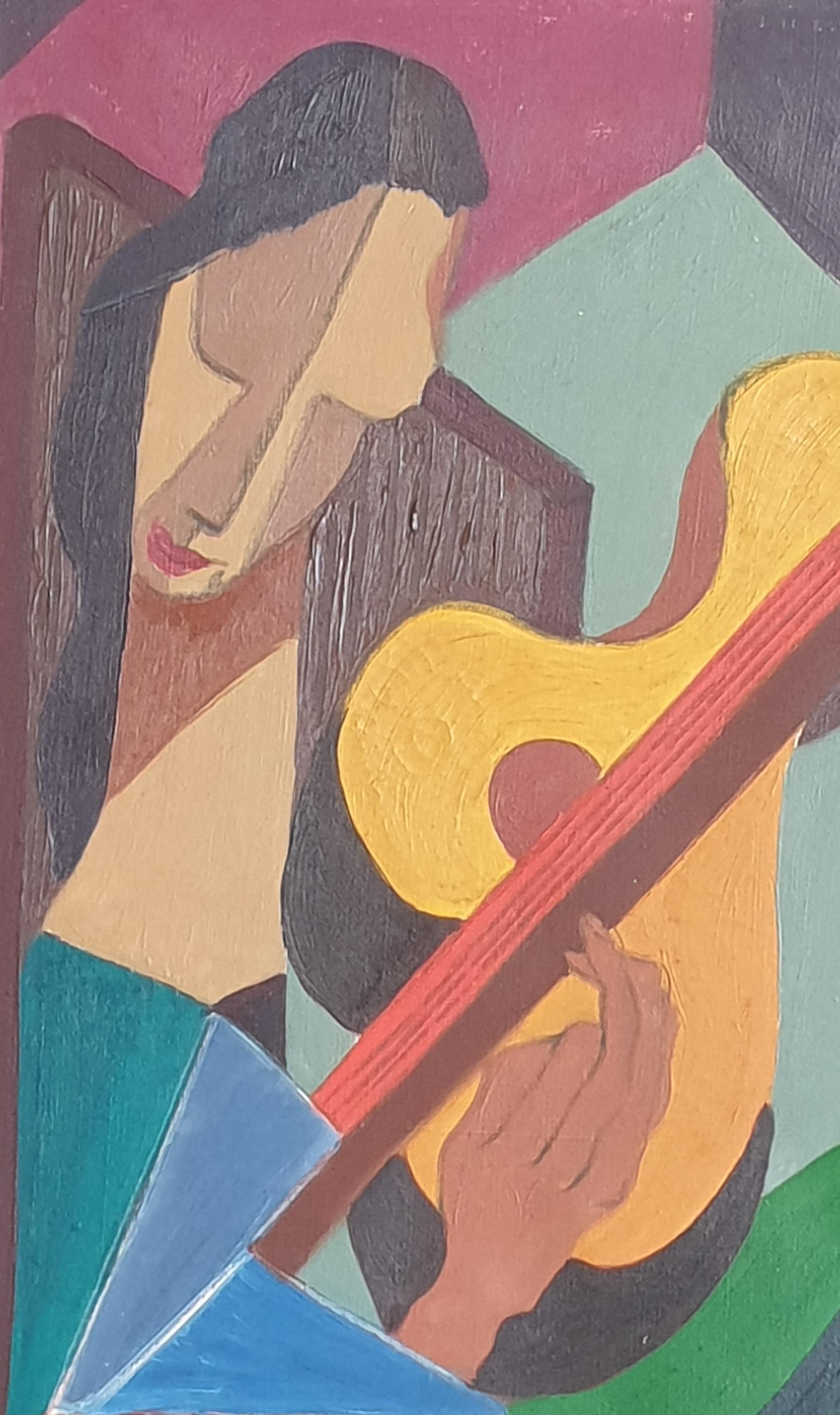 Signora con mandolino. Olio su tela modernista firmato Rogoway 1