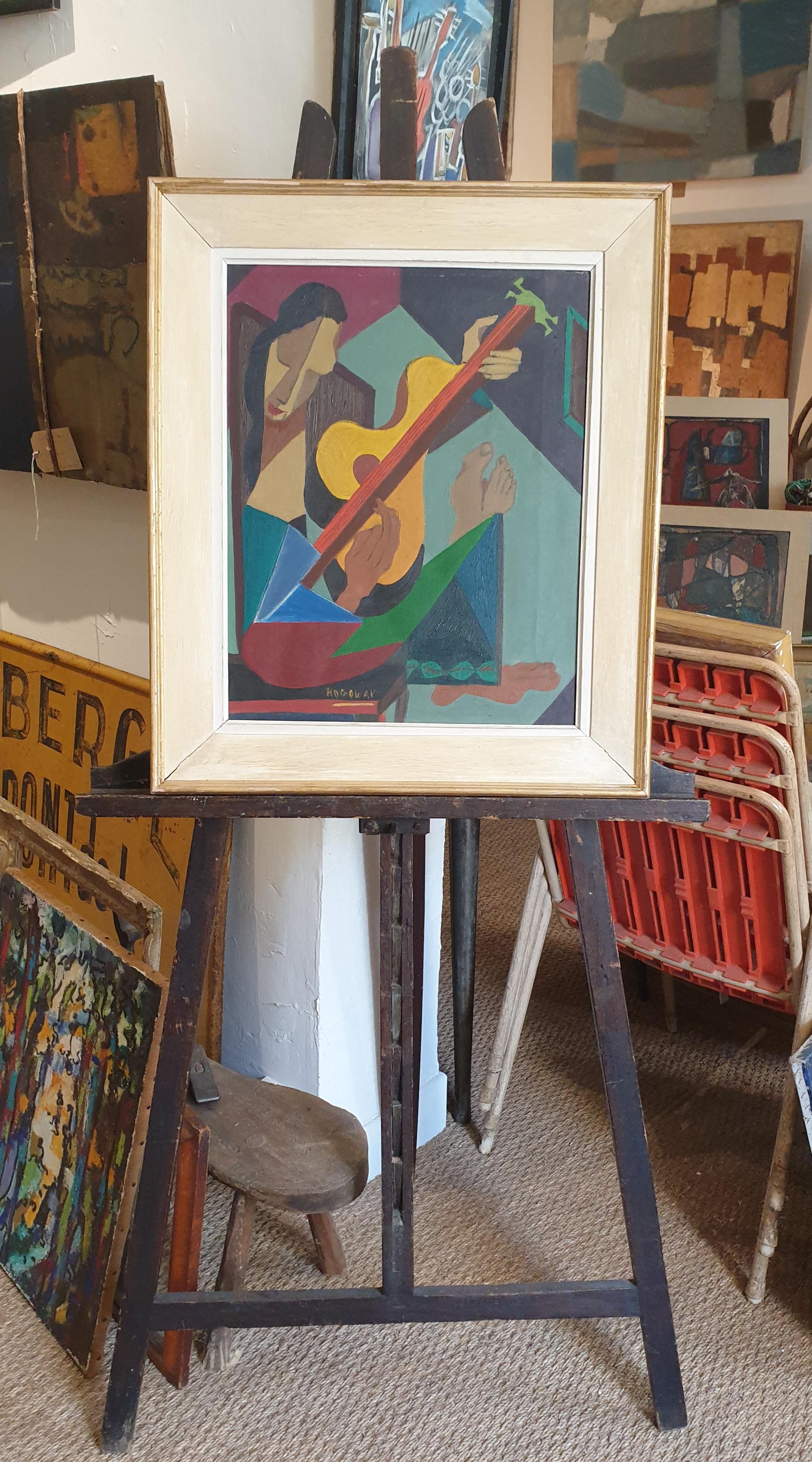 Signora con mandolino. Olio su tela modernista firmato Rogoway 2