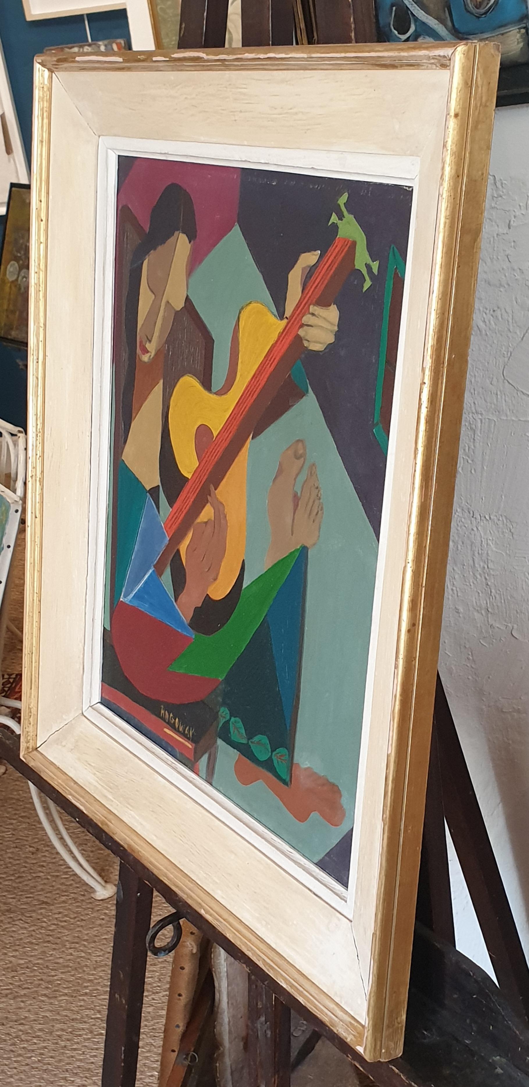 Signora con mandolino. Olio su tela modernista firmato Rogoway 3