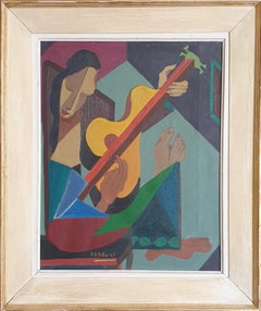 Lady with Mandolin. Modernist Oil on Canvas signed Rogoway