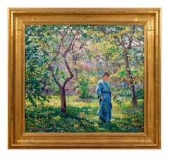 Donna in giardino, pittura ad olio impressionista americana del XIX secolo