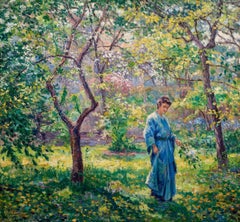 Donna in giardino, pittura ad olio impressionista americana del XIX secolo