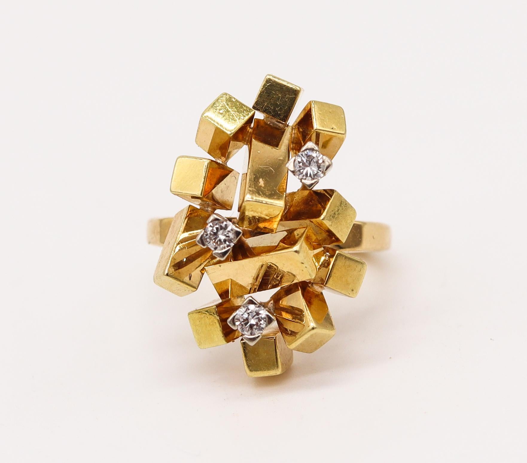 Geometric ring designed by Alfred Karram (1932-2017).

A beautiful piece of wearable brutalist art, created in New York city by the Architect and artist Alfred Karram, back in the early 1970's. This geometric sculptural ring has been individually