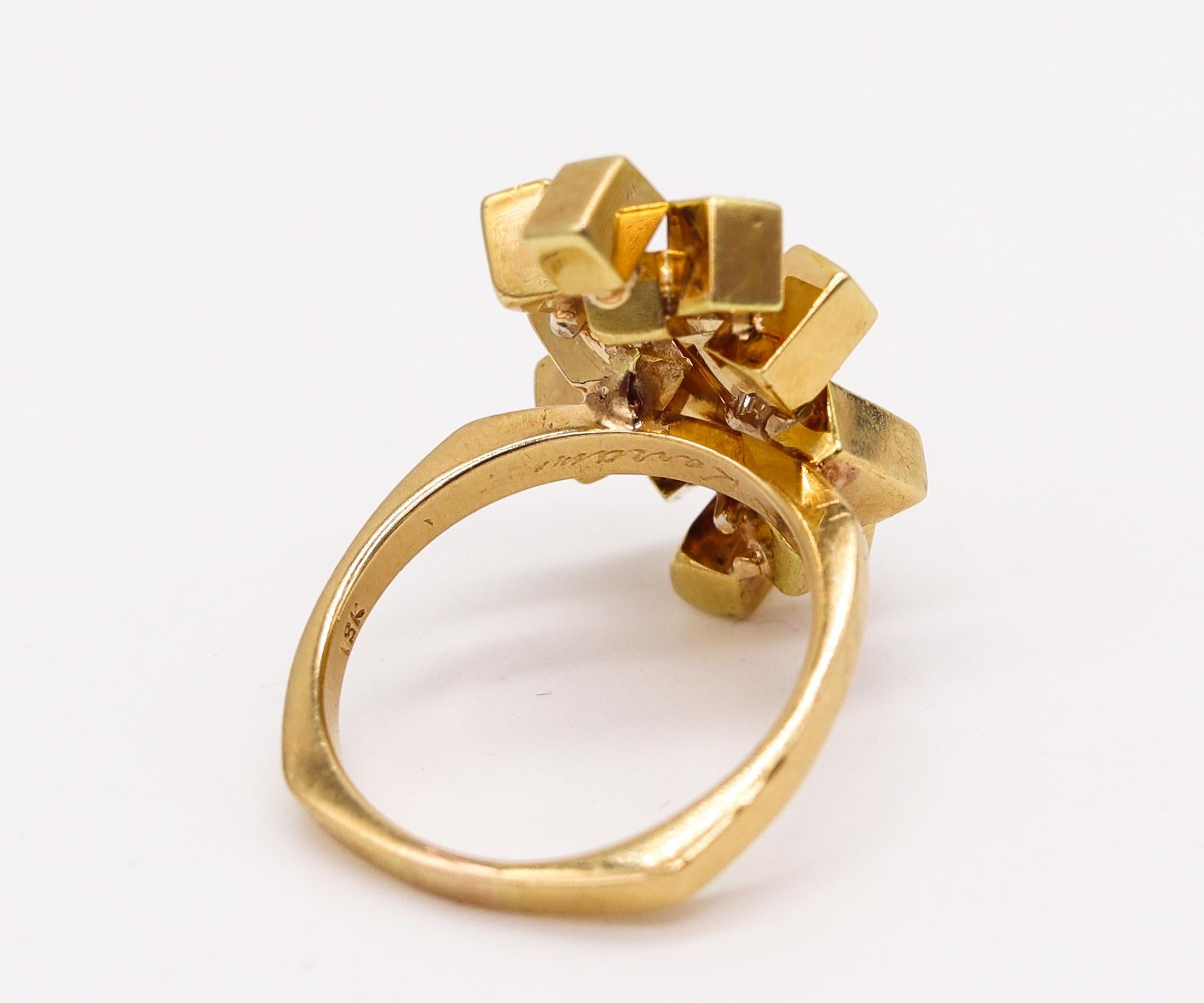 Modernist Alfred Karram 1970 Brutalist Geometric Cubic Ring in 18 Kt Gold with Diamonds