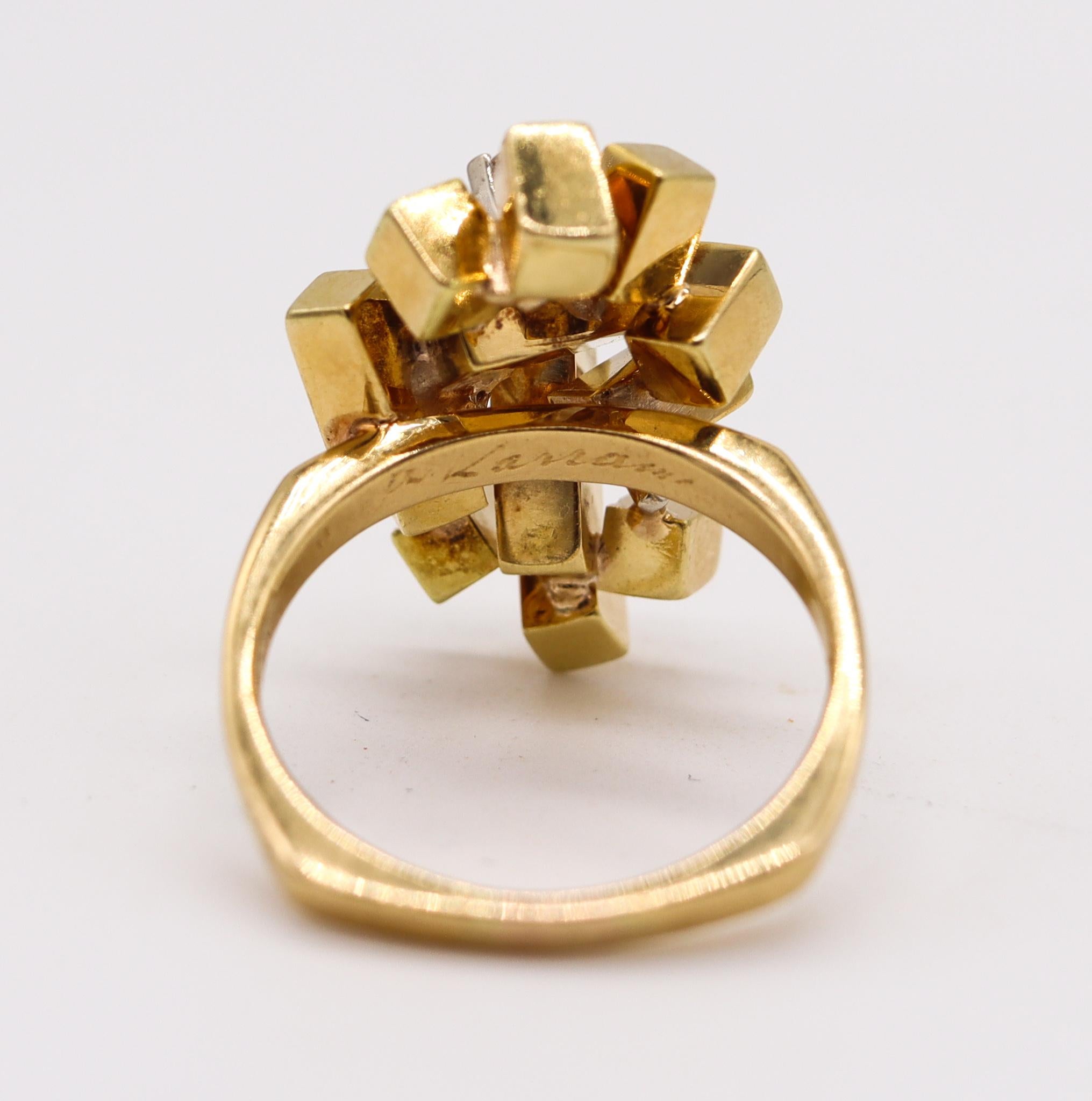 Brilliant Cut Alfred Karram 1970 Brutalist Geometric Cubic Ring in 18 Kt Gold with Diamonds