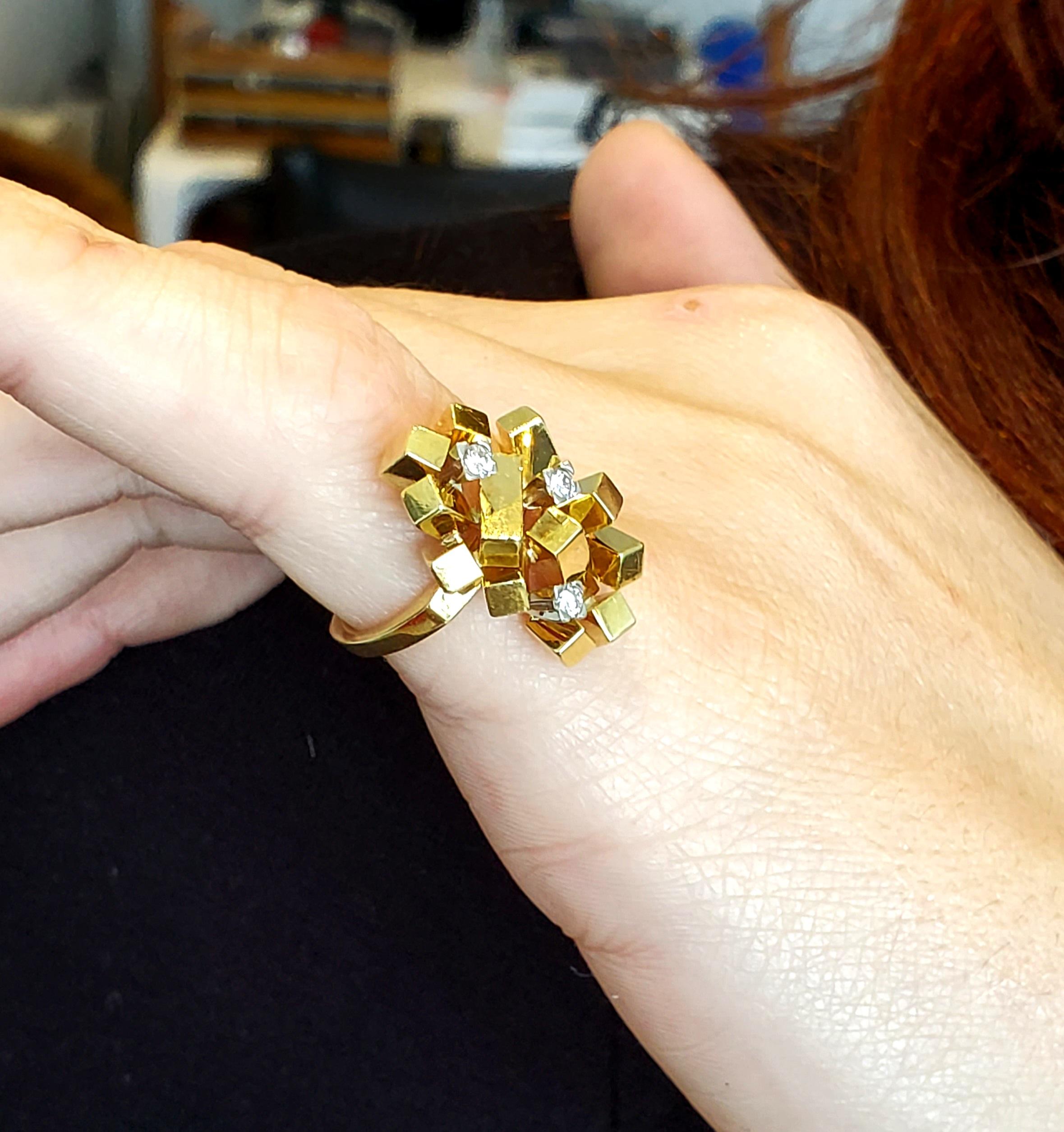 Women's or Men's Alfred Karram 1970 Brutalist Geometric Cubic Ring in 18 Kt Gold with Diamonds