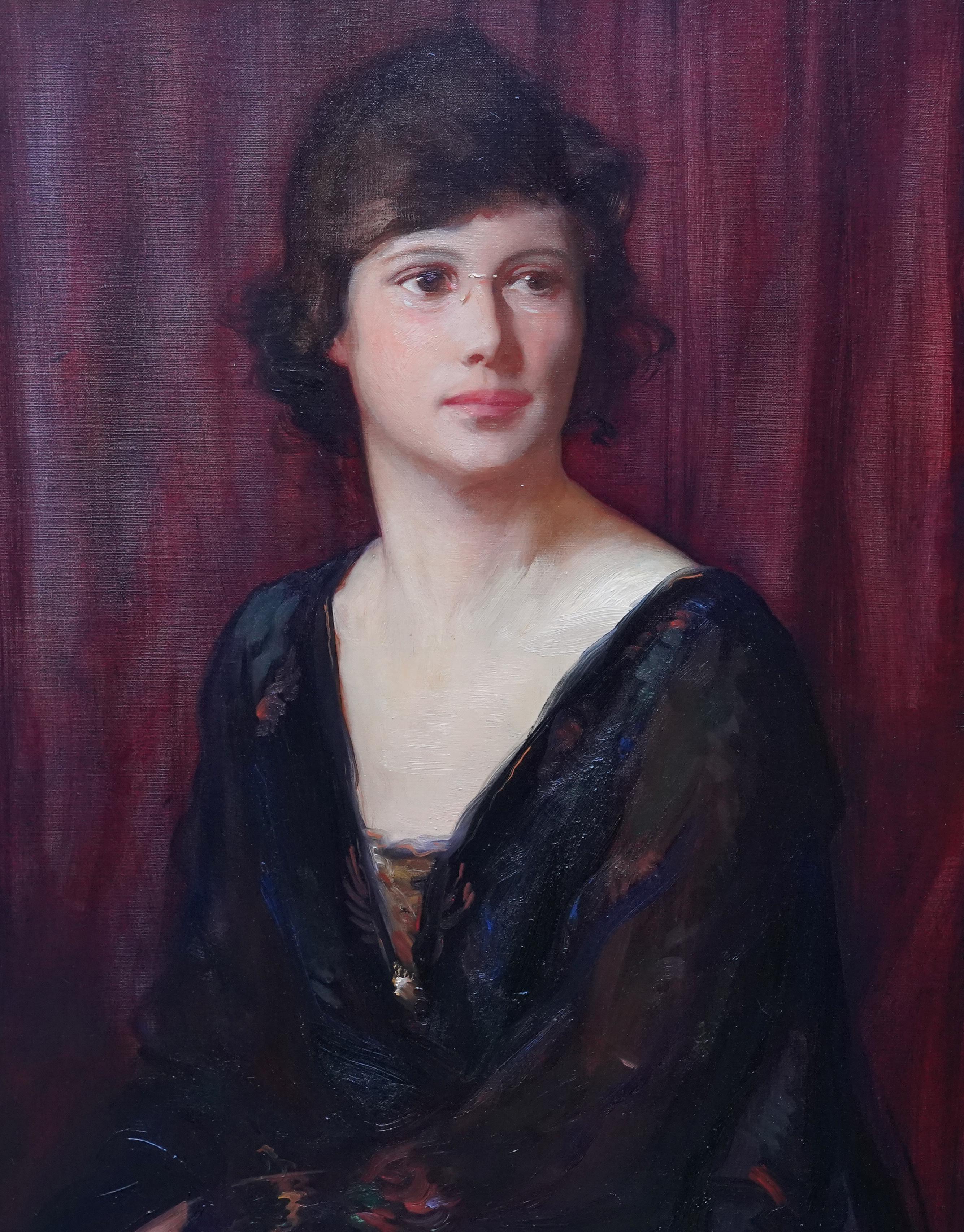 Retrato de una dama en Pince Nez - pintura al óleo retrato de arte británico de 1919 - Painting Realista de Alfred Kingsley Lawrence