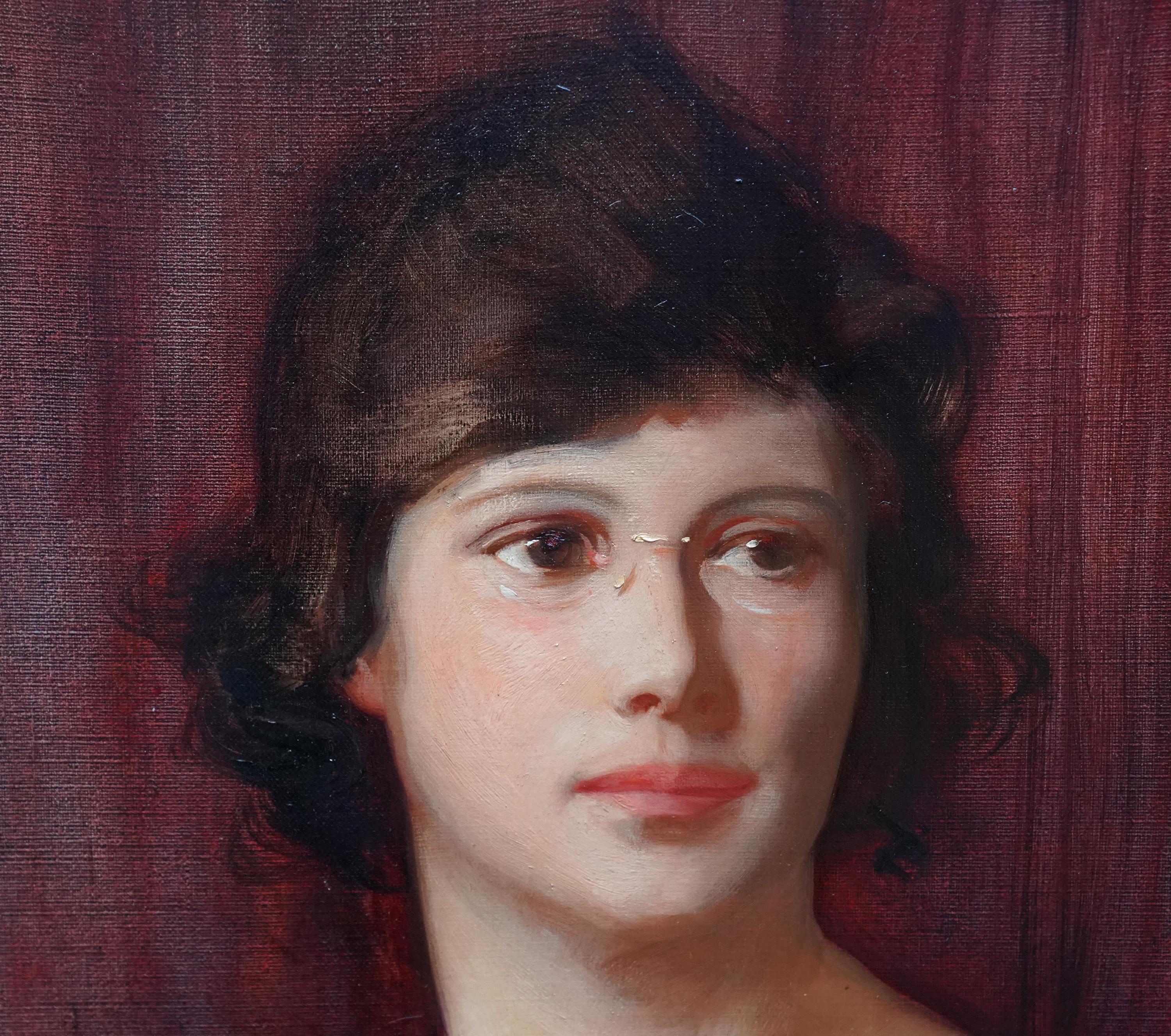 Portrait d'une femme à Pince Nez - Portrait à l'huile britannique de 1919 en vente 1