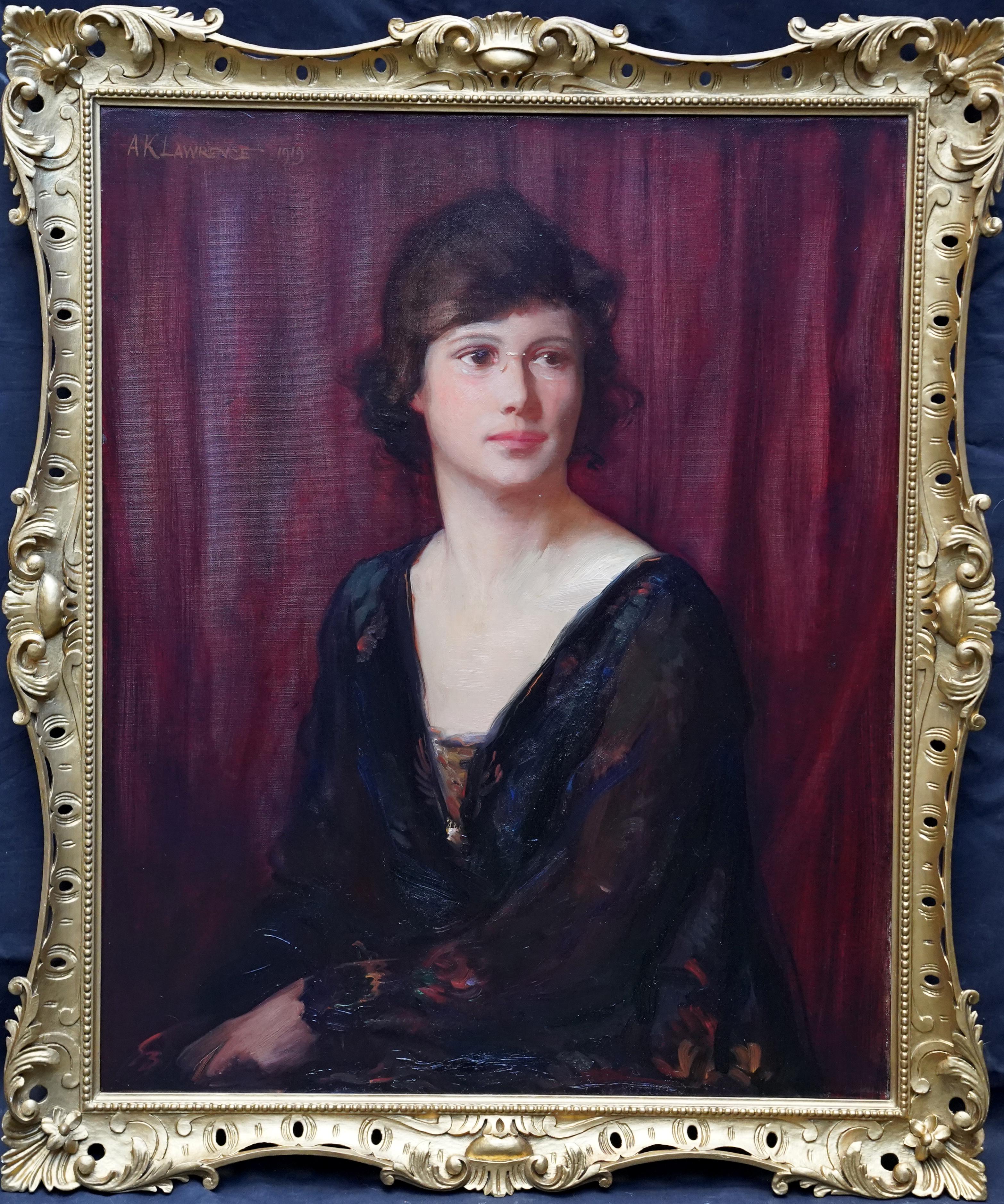 Portrait Painting de Alfred Kingsley Lawrence - Retrato de una dama en Pince Nez - pintura al óleo retrato de arte británico de 1919