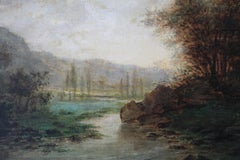 Antique French Barbizon Landscape oil painting of a French riverscape