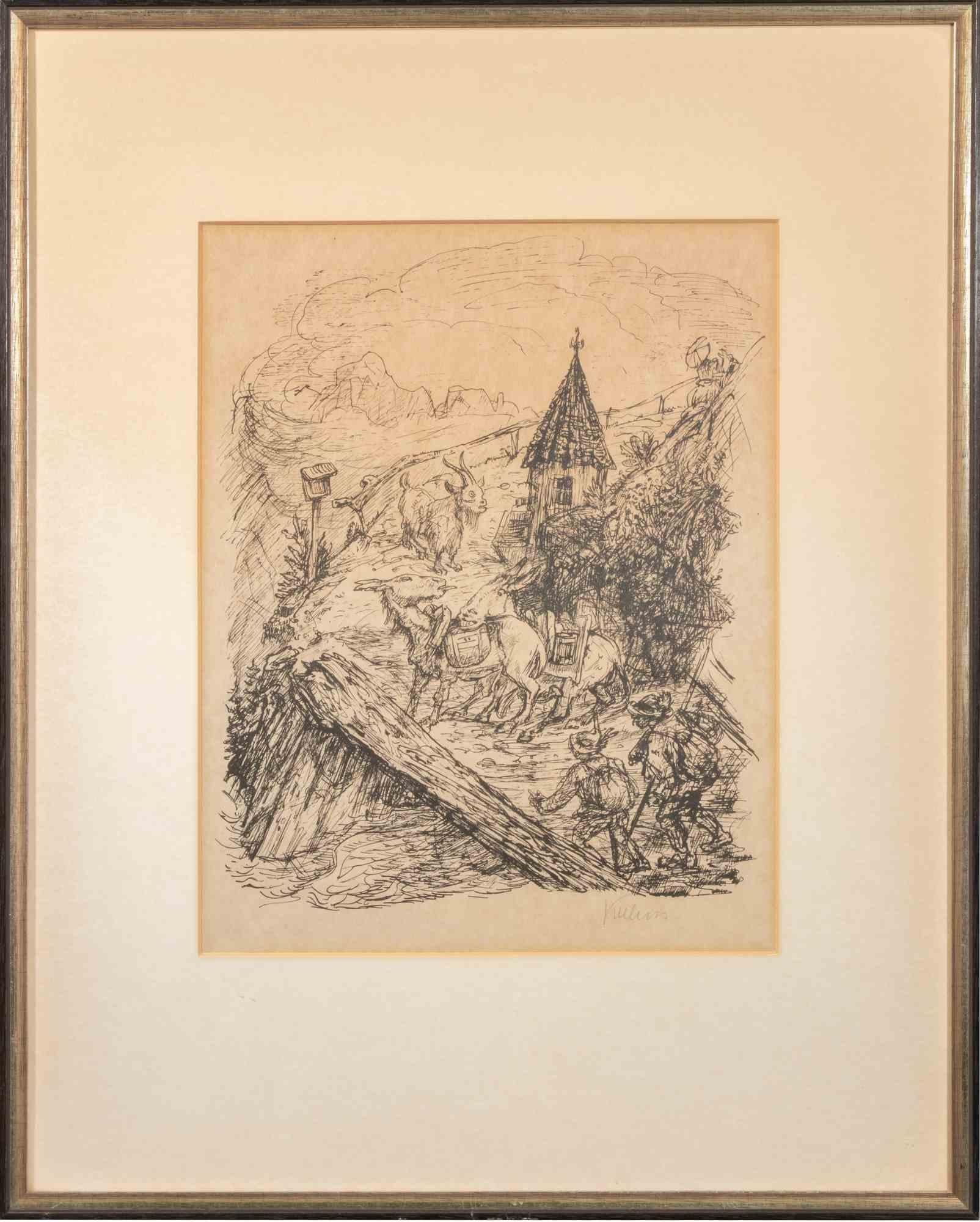 Transport in the Mountains - Lithograph by Alfred Kubin - 1929 For Sale 1