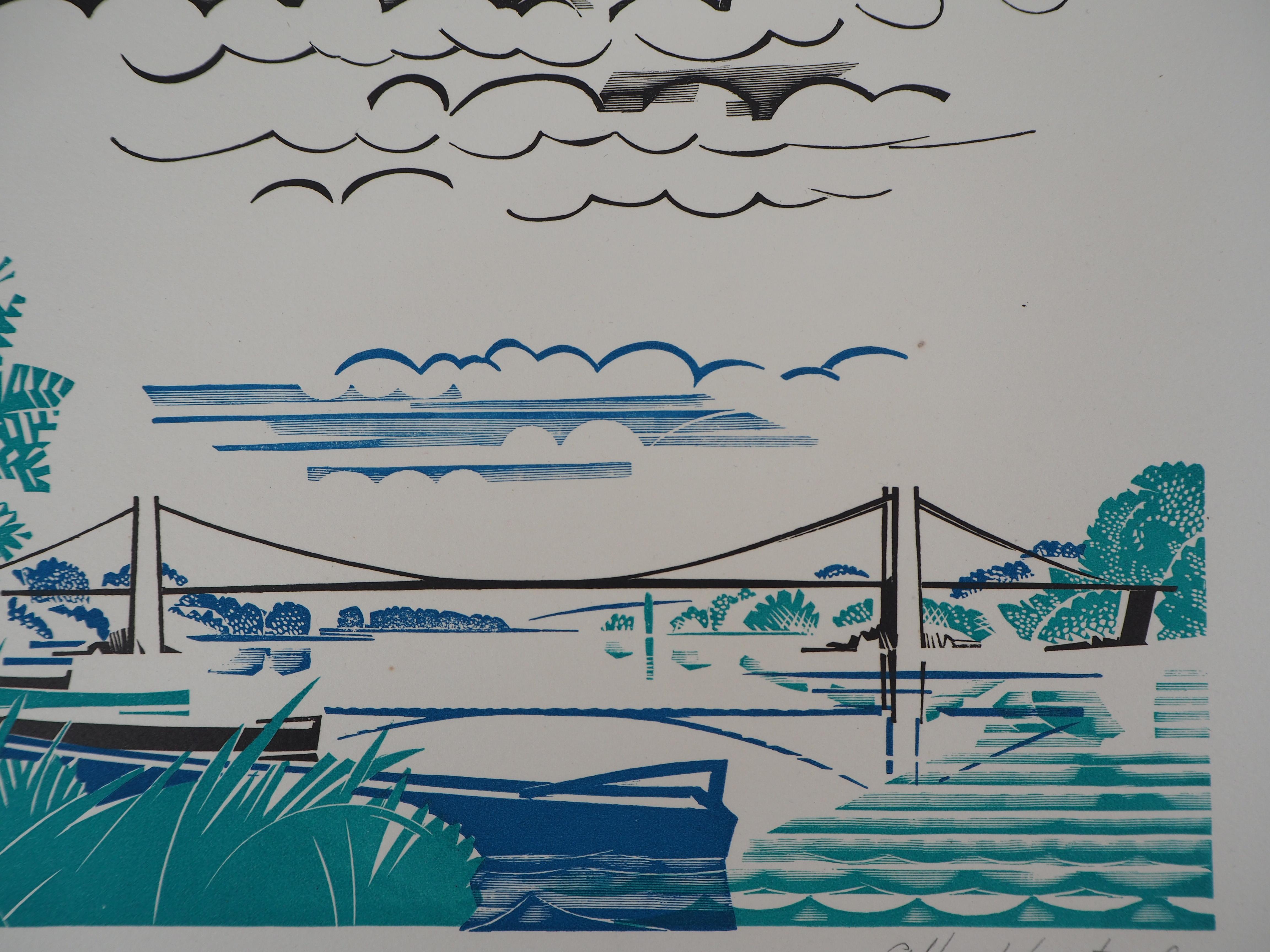 Alfred LATOUR (1888-1964)
Art Deco Landscape : The Bridge in Brittain, 1928

Original woodcut
Handsigned in pencil
Numbered /160
On vellum 32.5 x 25.5 cm (c. 13 x 10 in)
Bears the blind stamp of the editor 'Imagier de la Gravure sur Bois' (Lugt