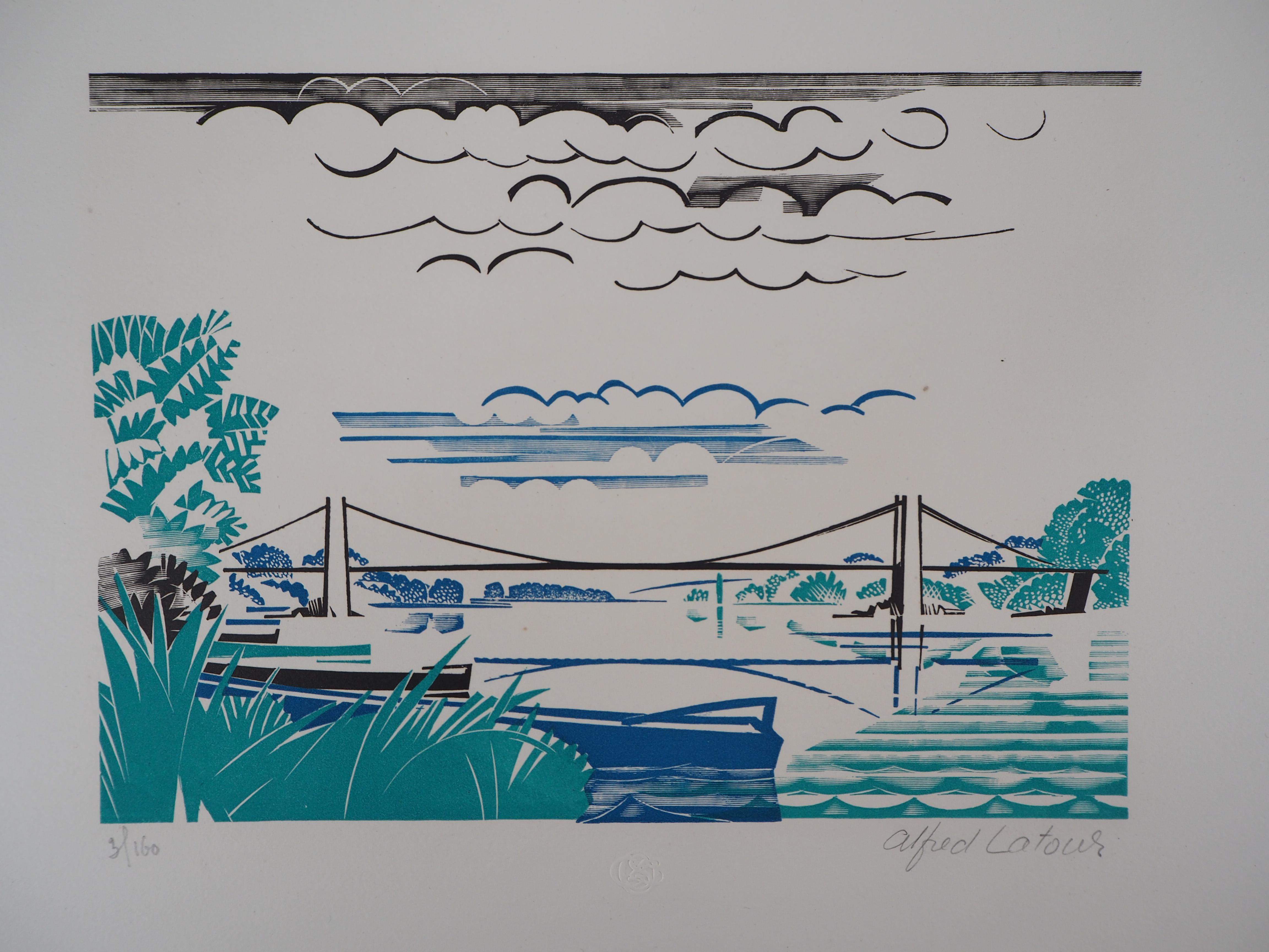 Paesaggio Art Deco: Il ponte di Brittain - Legno originale, firmato a mano