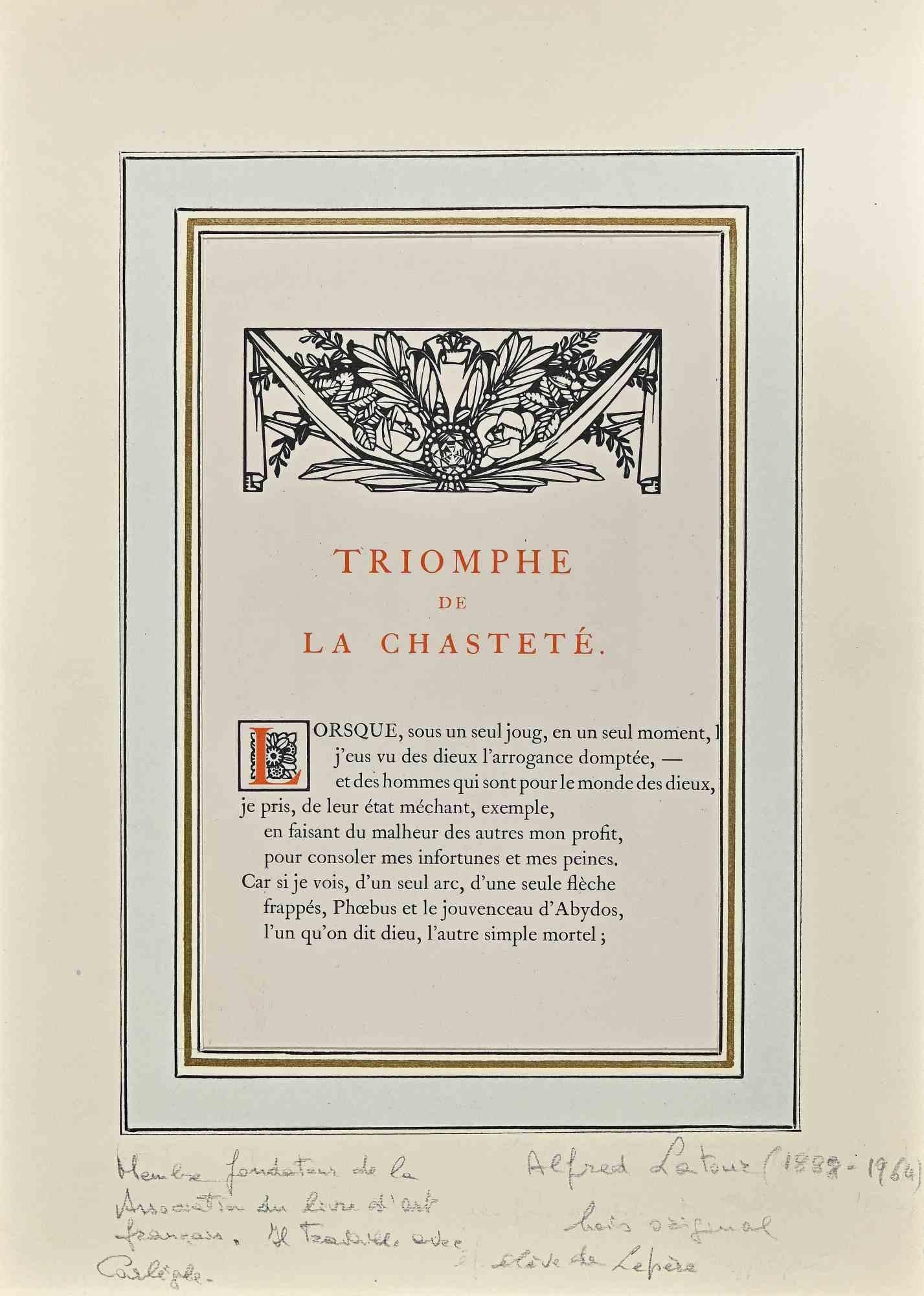 Der Triumph der Keuschheit ist ein Vintage-Holzschnitt von Alfred Latour (1888-1964).

In gutem Zustand mit einem cremefarbenen und goldenen Passepartout aus Karton (35x25 cm).

Keine Unterschrift.

Alfred Latour (1888 - 1964) war ein französischer