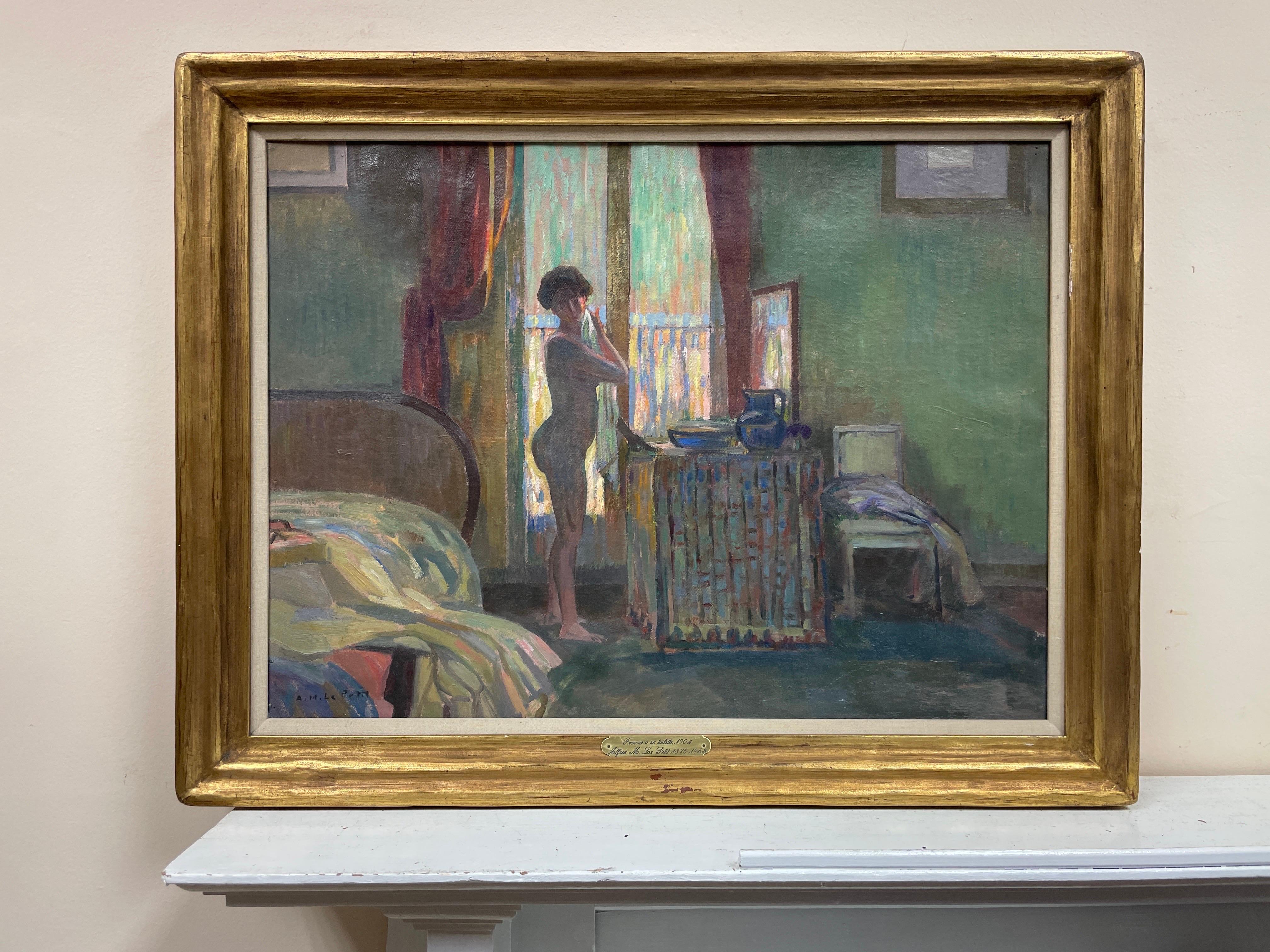 Raffinato olio del 1900 firmato da un post impressionista francese: Donna nuda al tavolo da toeletta - Painting di Alfred Le Petit