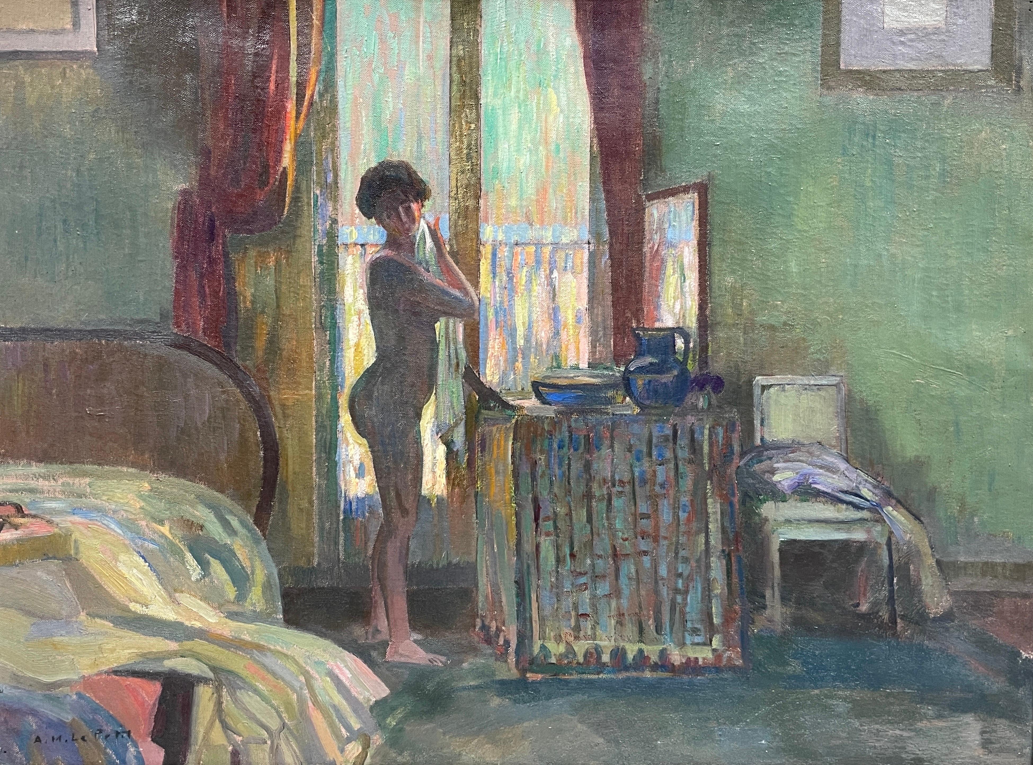 Raffinato olio del 1900 firmato da un post impressionista francese: Donna nuda al tavolo da toeletta - Painting Postimpressionismo di Alfred Le Petit